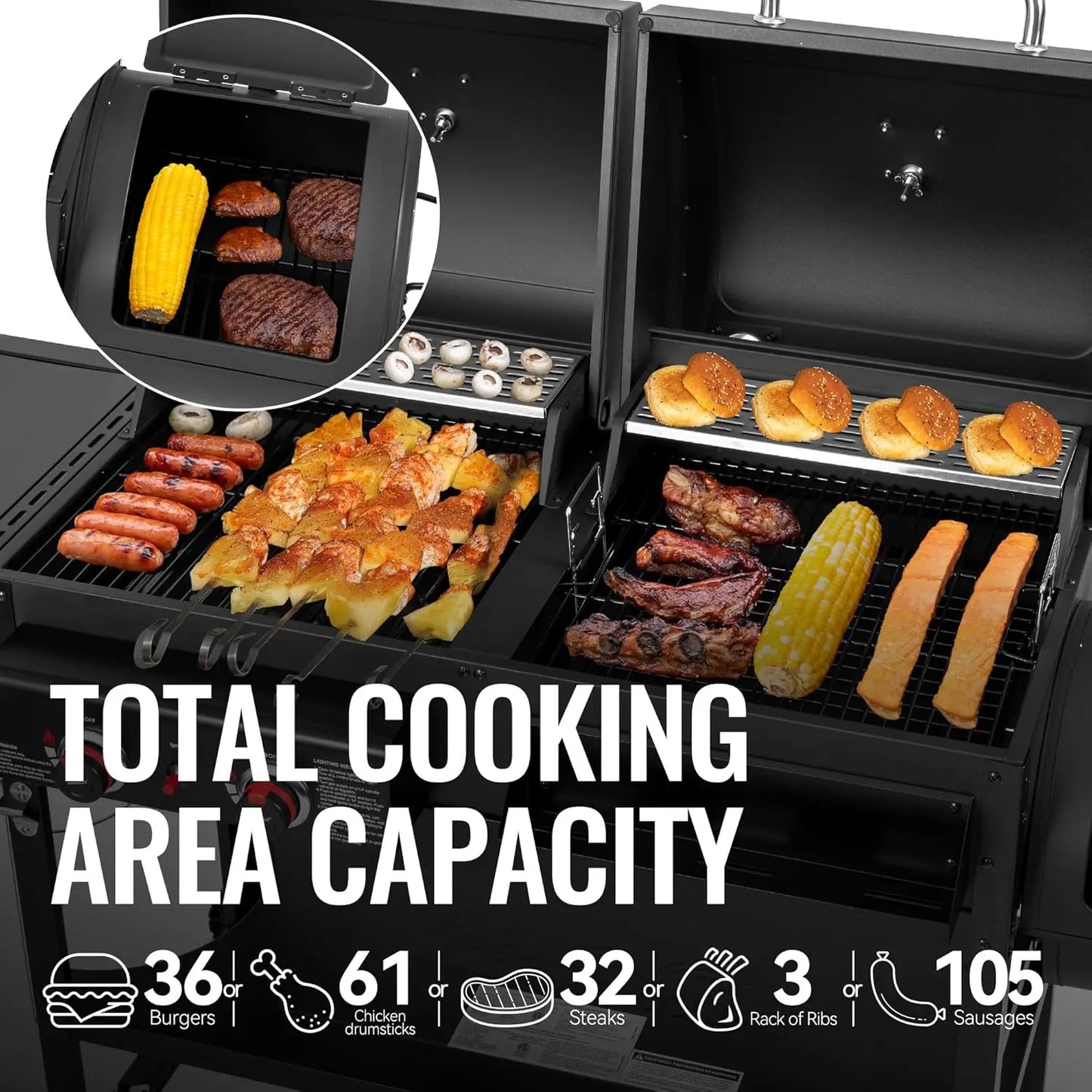Dual-Fuel Gas Charcoal Grill With Offset Smoker And Side Burner