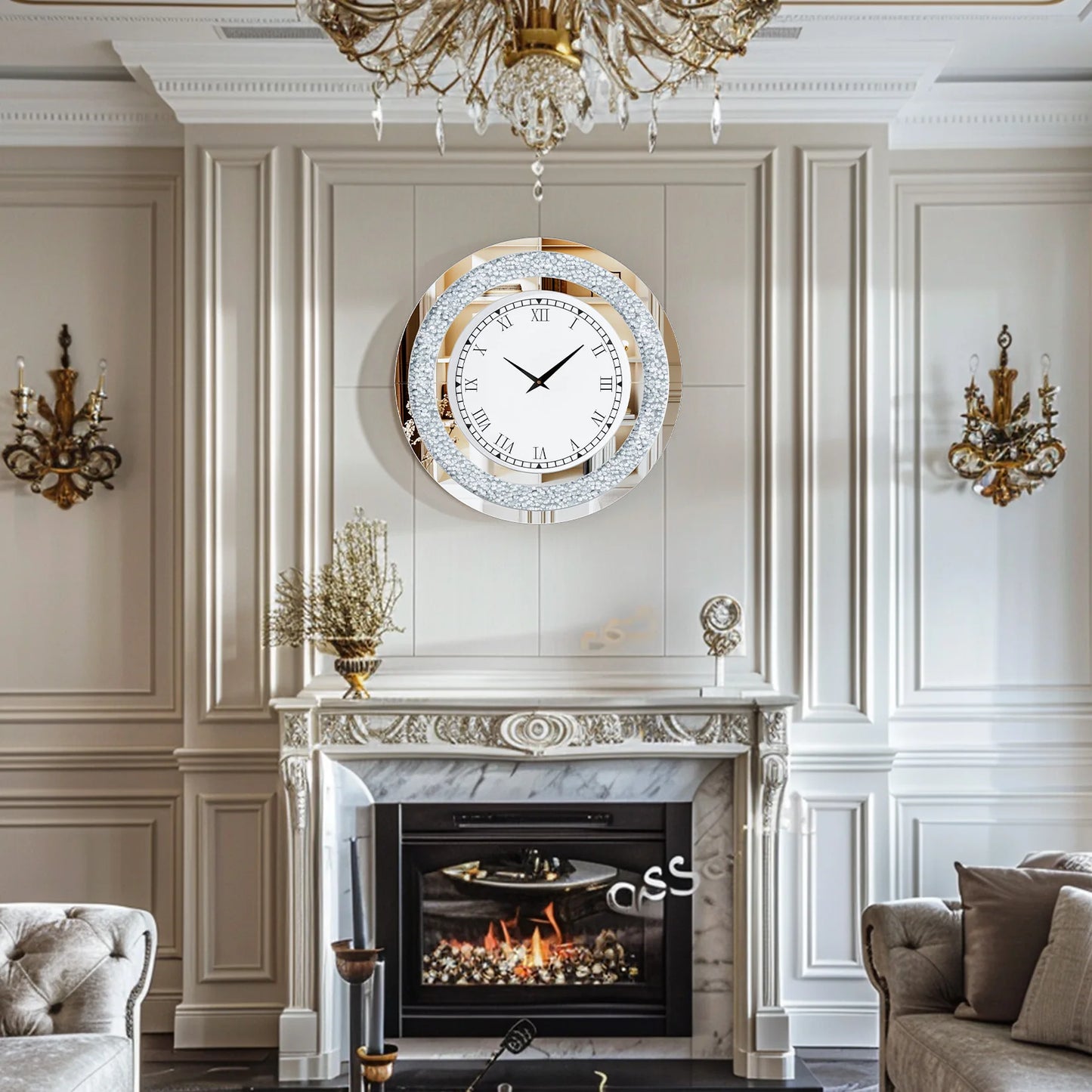 Round Mirror Wall Clock Living Room With Crystal Sparkle Dial