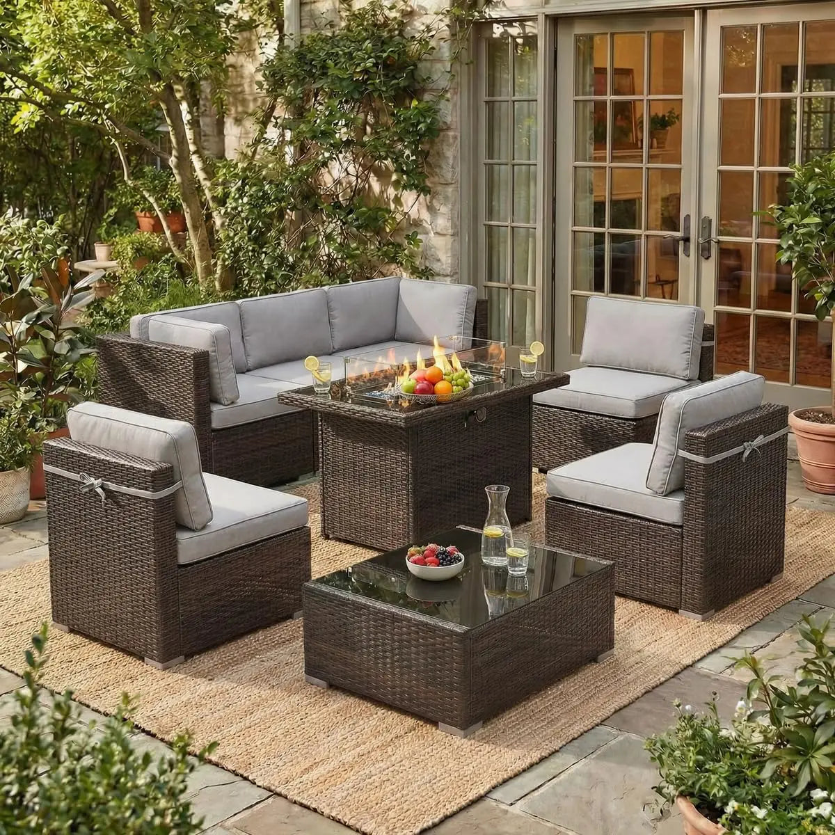 8 Piece Patio Furniture Set With Fire Pit Wicker Rattan