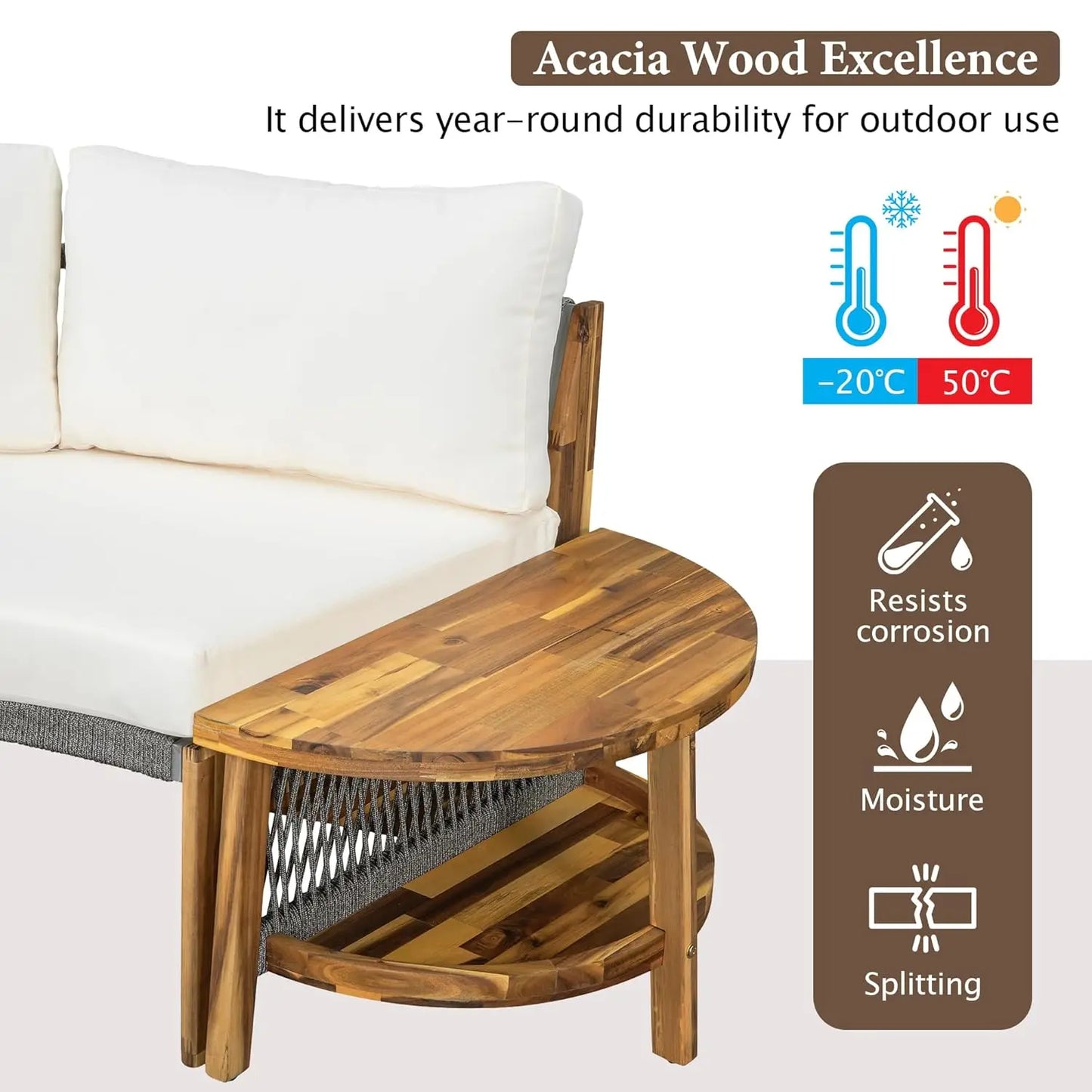 Acacia Wood Half Moon Outdoor Sofa Set With Coffee Table