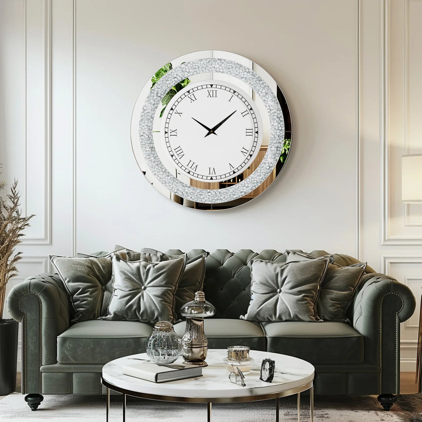 Round Mirror Wall Clock With Crystal Sparkle Accents For Living Room