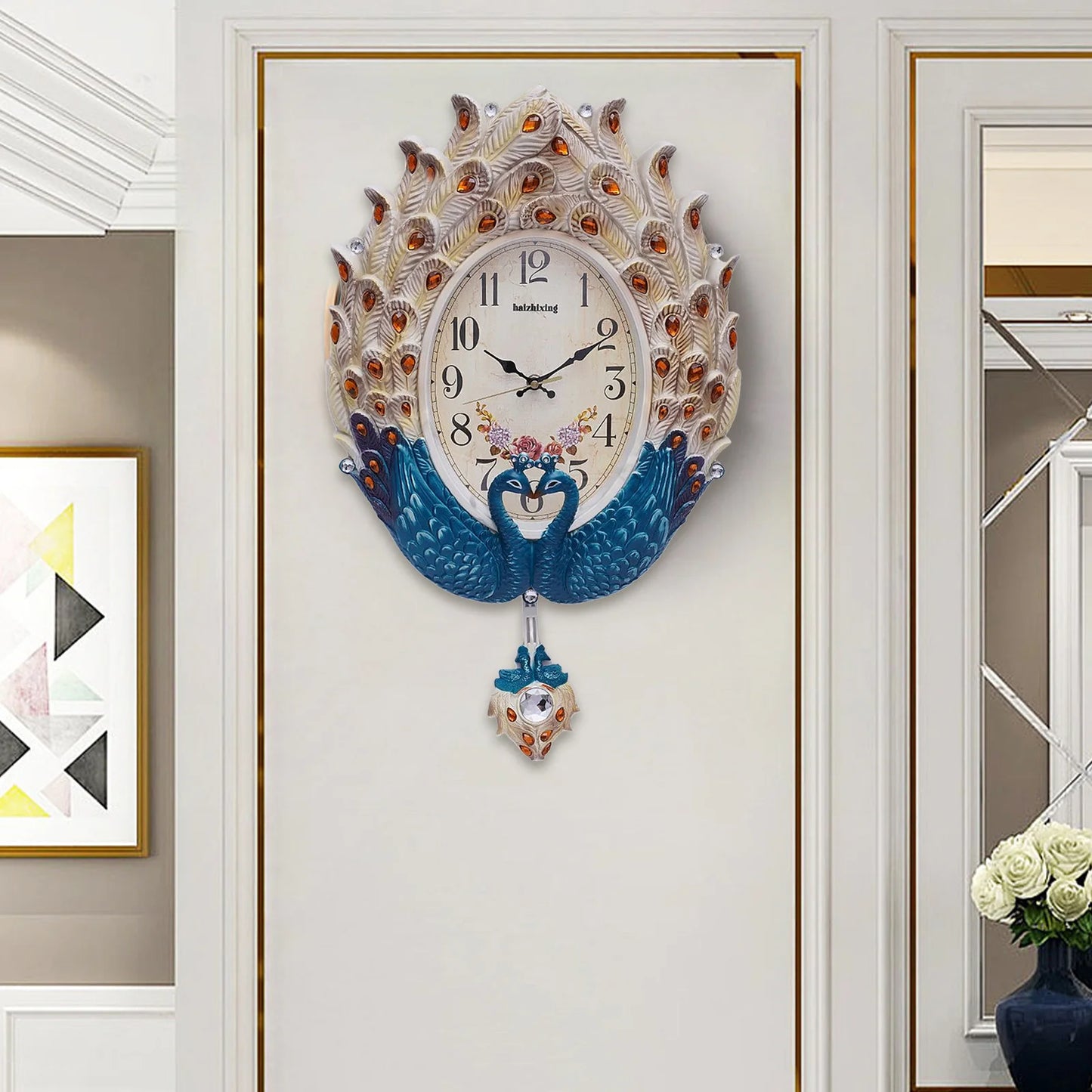 Peacock Wall Clock Silent Metal Pendulum For Living Room