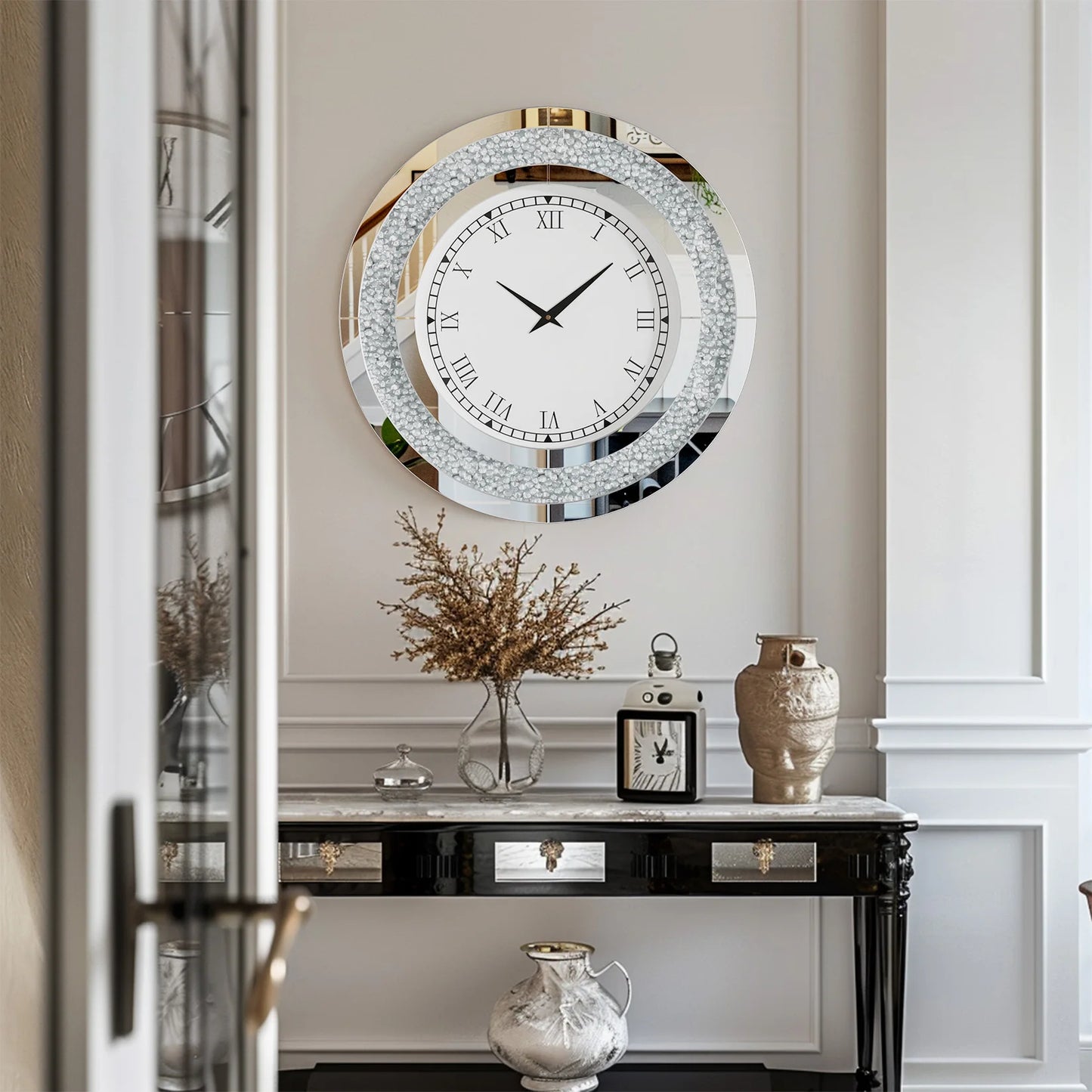 Round Mirror Wall Clock Living Room With Crystal Sparkle Dial