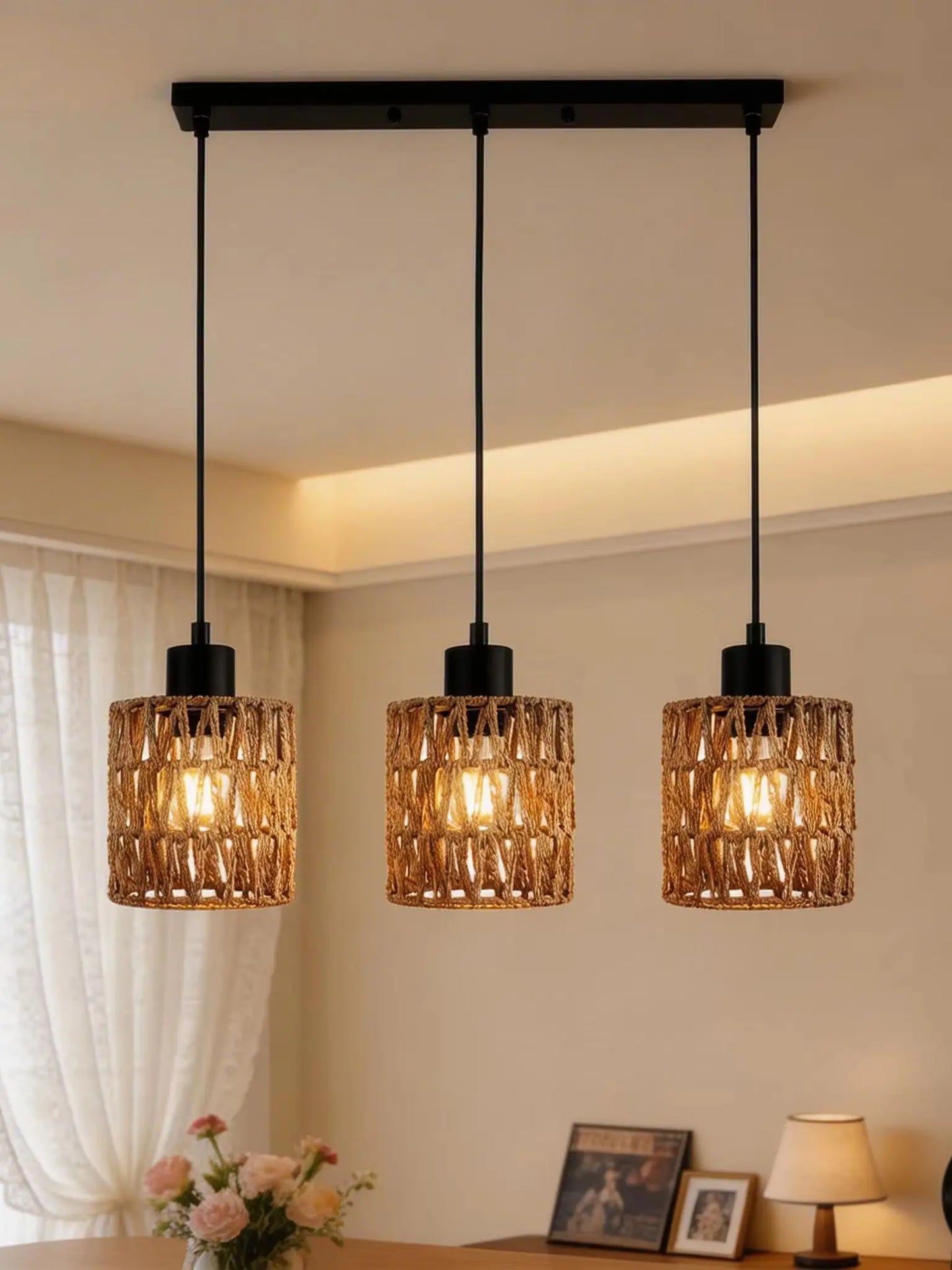 Farmhouse Boho Rattan Pendant Light With Adjustable Height E27