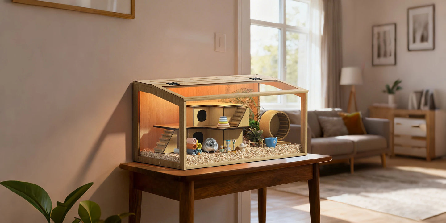 Natural Wood Hamster Cage With Glass Panels And LED Light