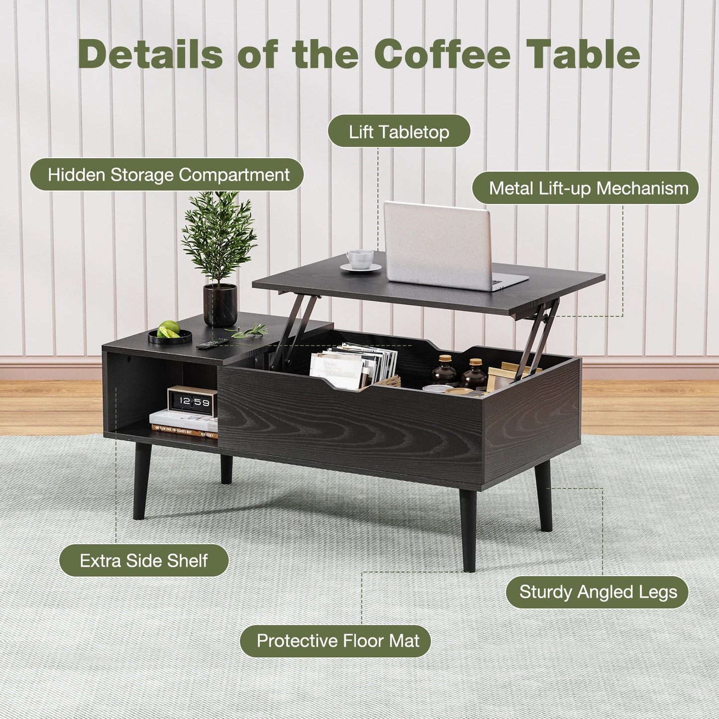 JHK Lift Top Coffee Table Living Room With Adjustable Storage