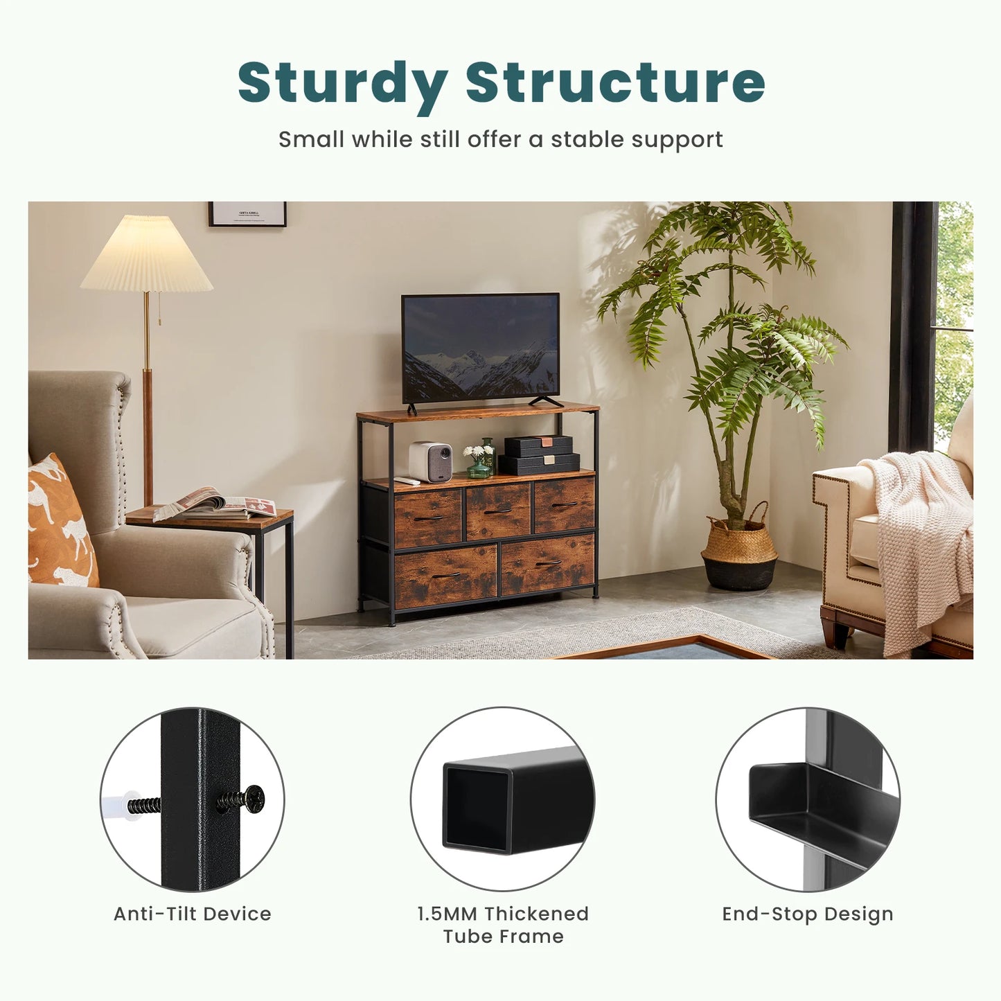 JHK Fireplace TV Stand Dresser With Fabric Drawers