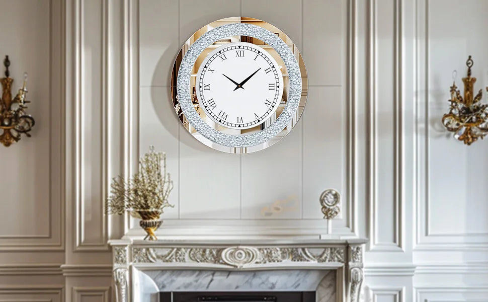 Round Mirror Wall Clock With Crystal Sparkle Accents For Living Room