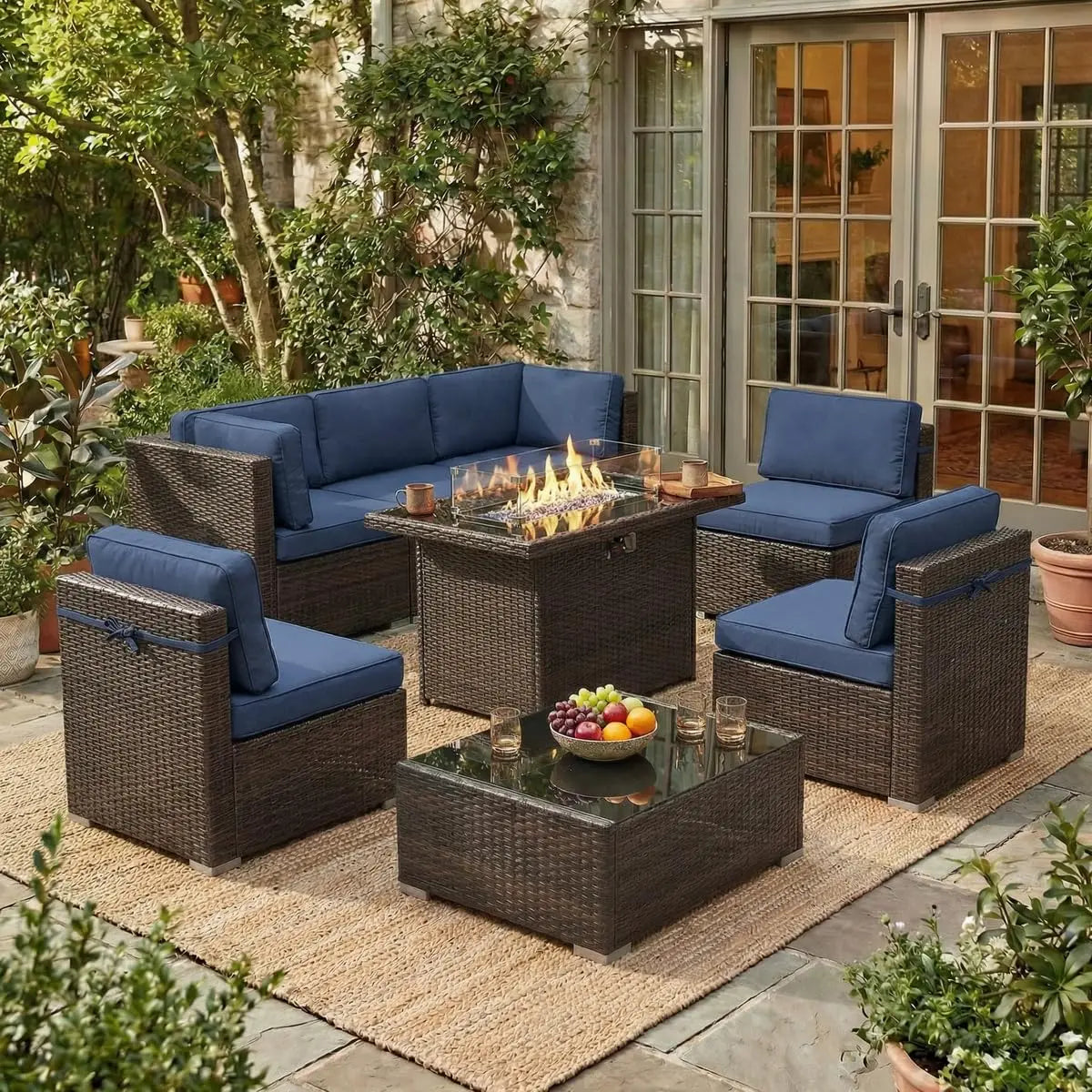 8 Piece Patio Furniture Set With Fire Pit Wicker Rattan