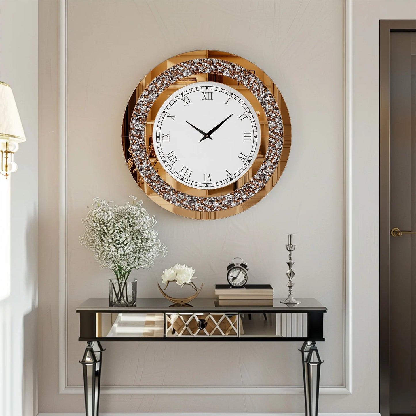 Round Mirror Wall Clock With Crystal Sparkle Accents For Living Room