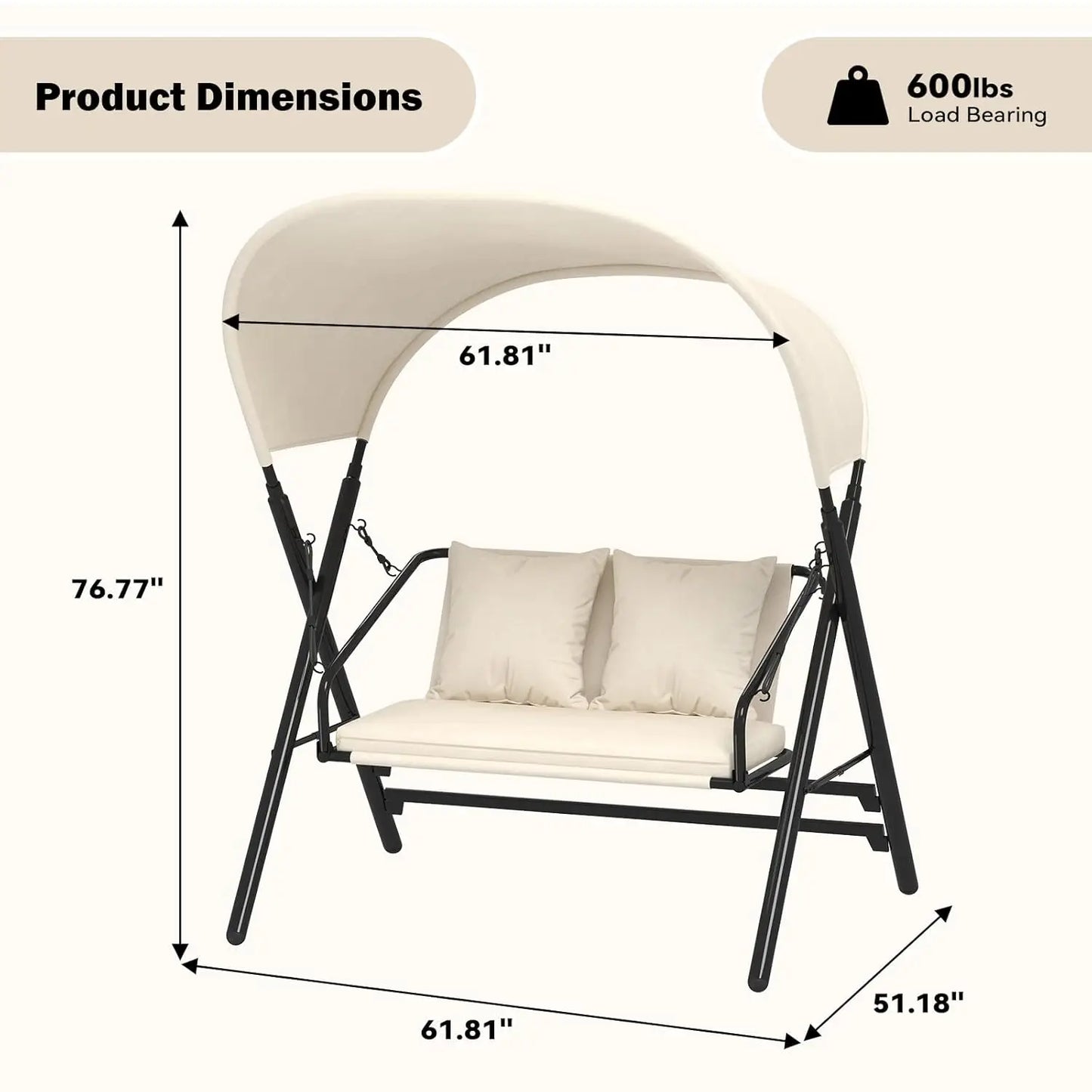 General Outdoor Porch Swing With Canopy 600LBS Capacity 2 Seats
