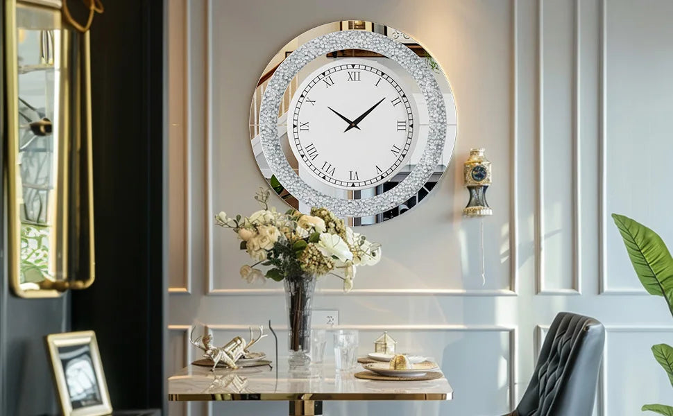 Round Mirror Wall Clock With Crystal Sparkle Accents For Living Room