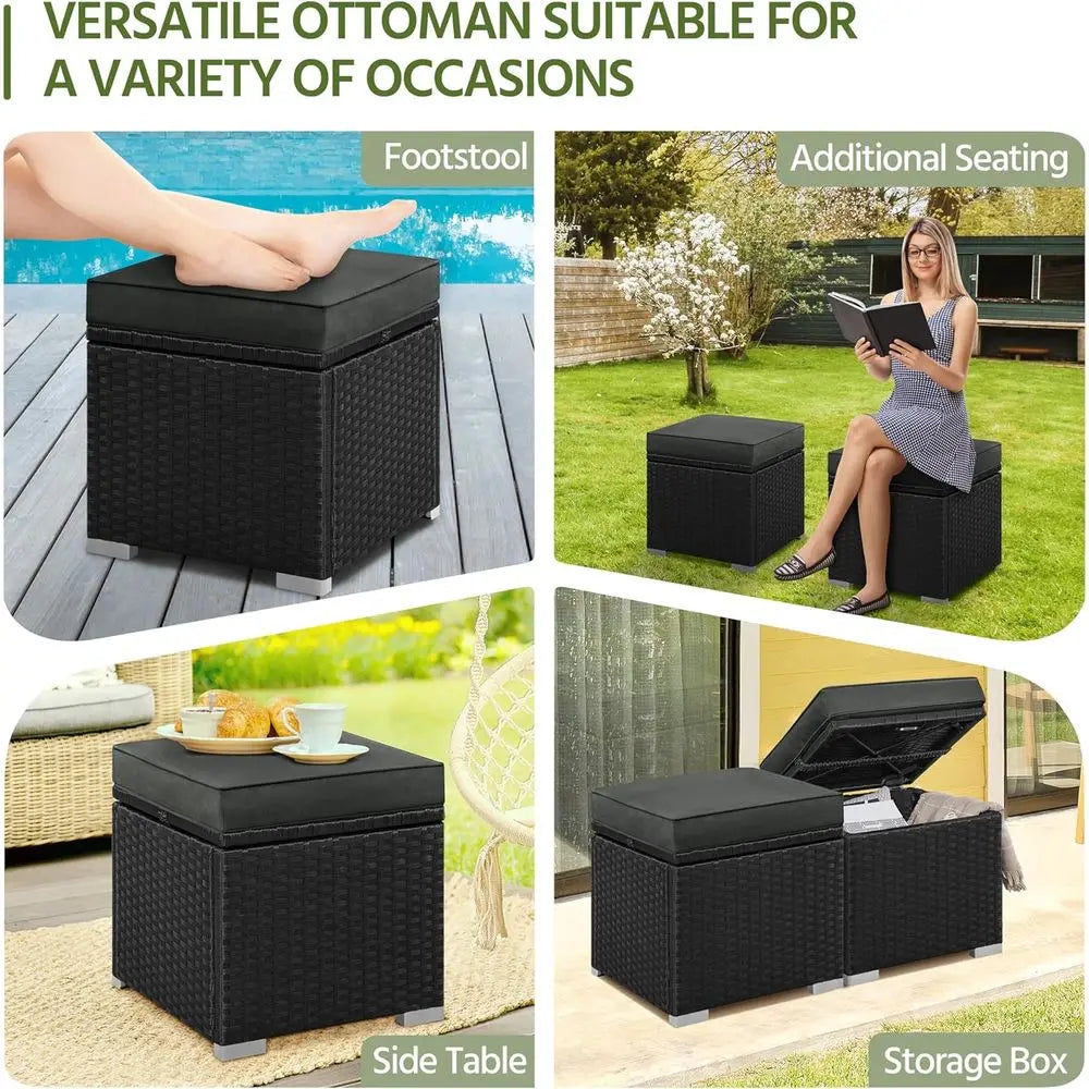 LISM Wicker Ottomans Set Of 2 With Hidden Storage Cushions
