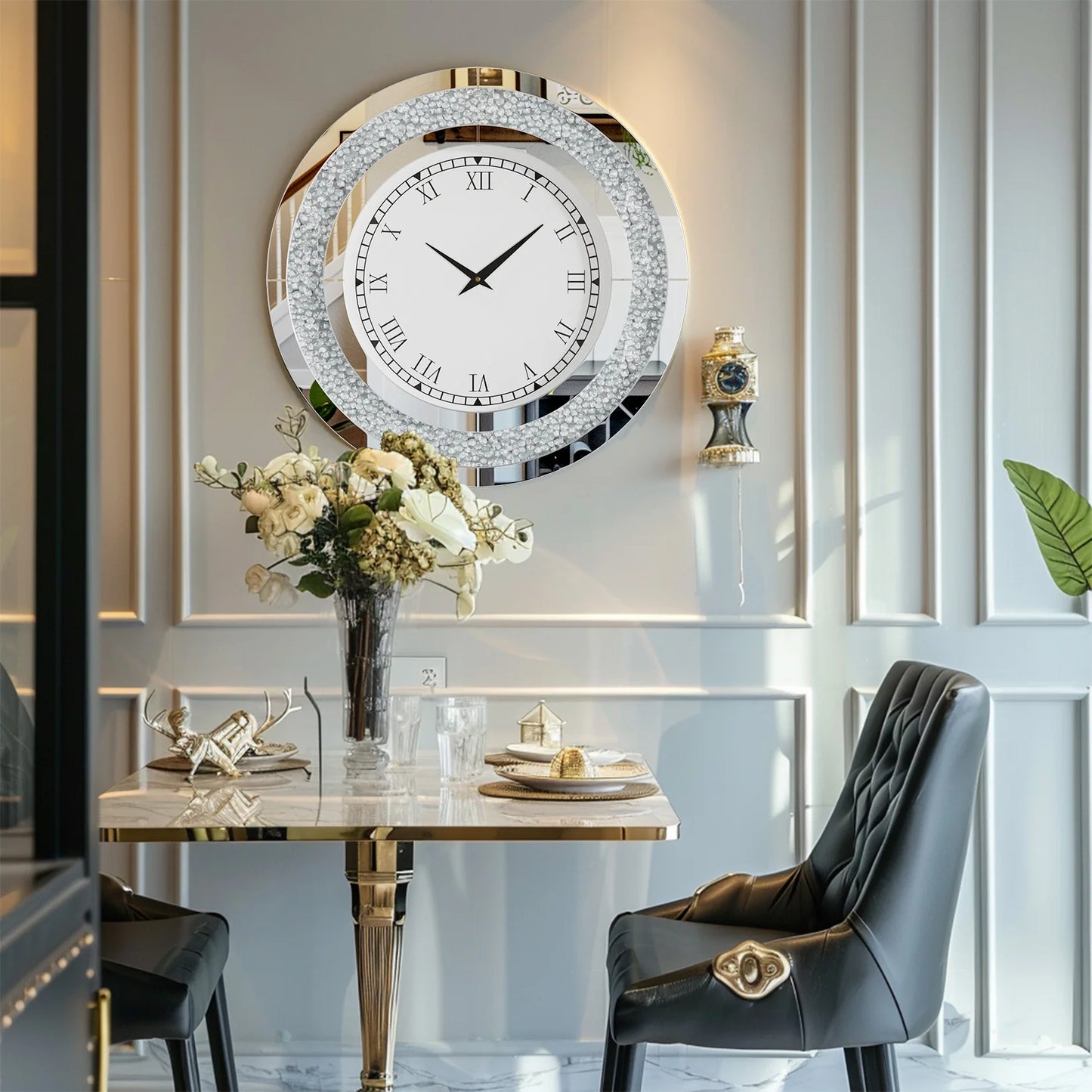 Round Mirror Wall Clock With Crystal Sparkle Accents For Living Room
