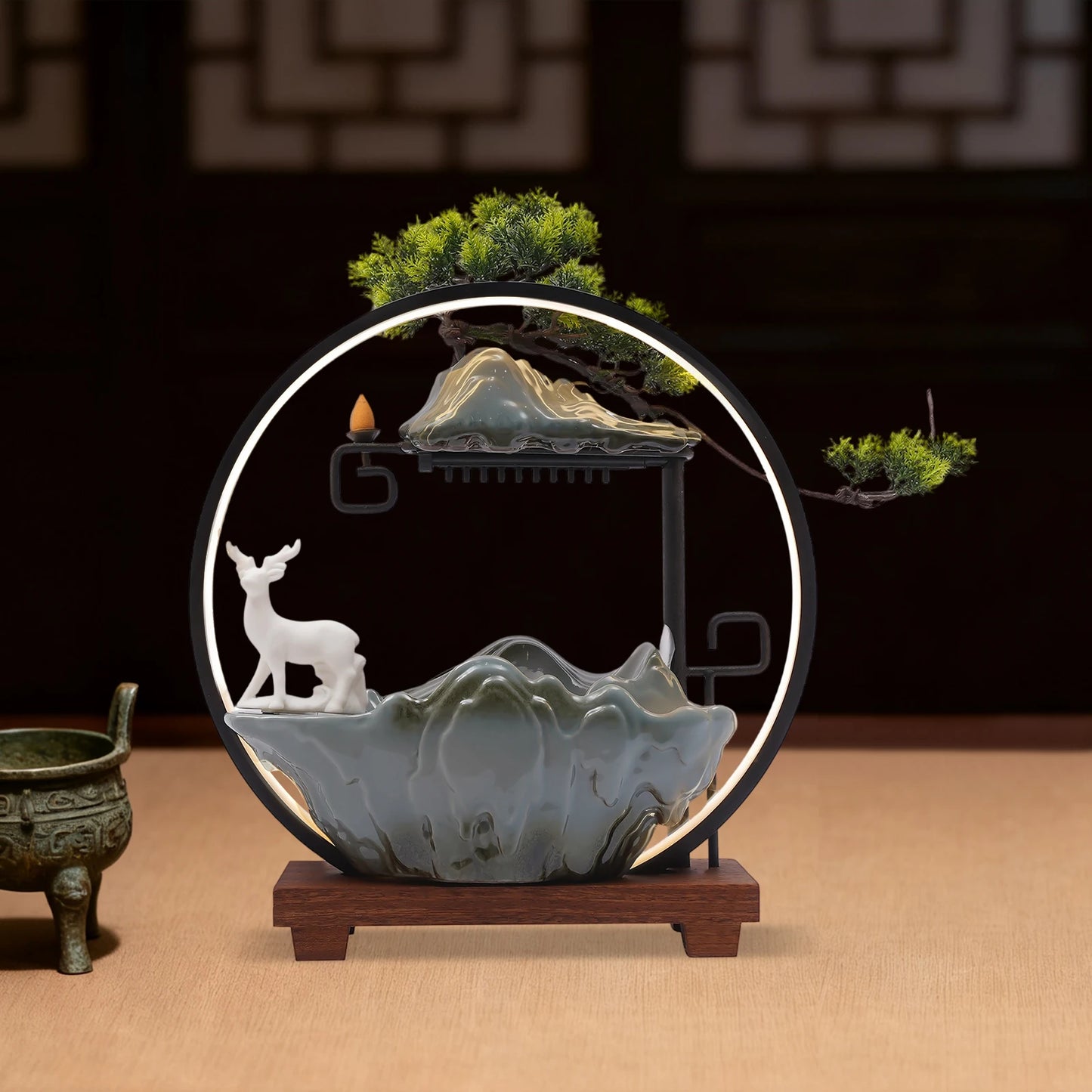 Ceramic 110V Tabletop Fountain With LED Deer Figurine Pine Branches