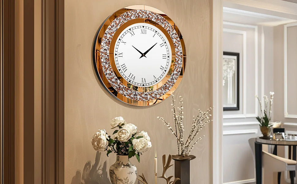 Round Mirror Wall Clock Living Room With Crystal Sparkle Dial