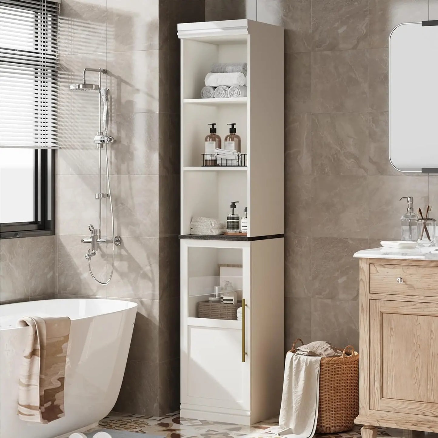 HiMISS Narrow Bathroom Cabinet With Glass Door Slim Storage Unit