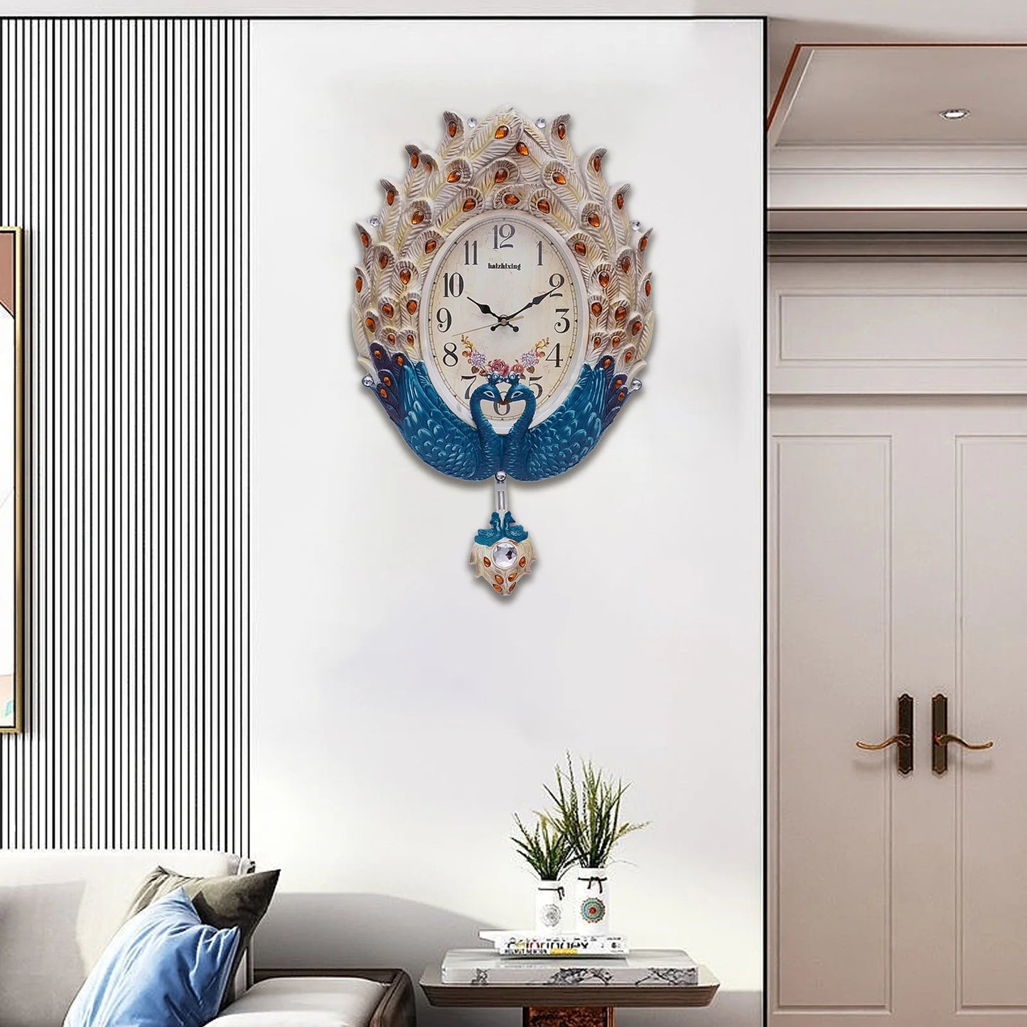 Peacock Wall Clock Silent Metal Pendulum For Living Room