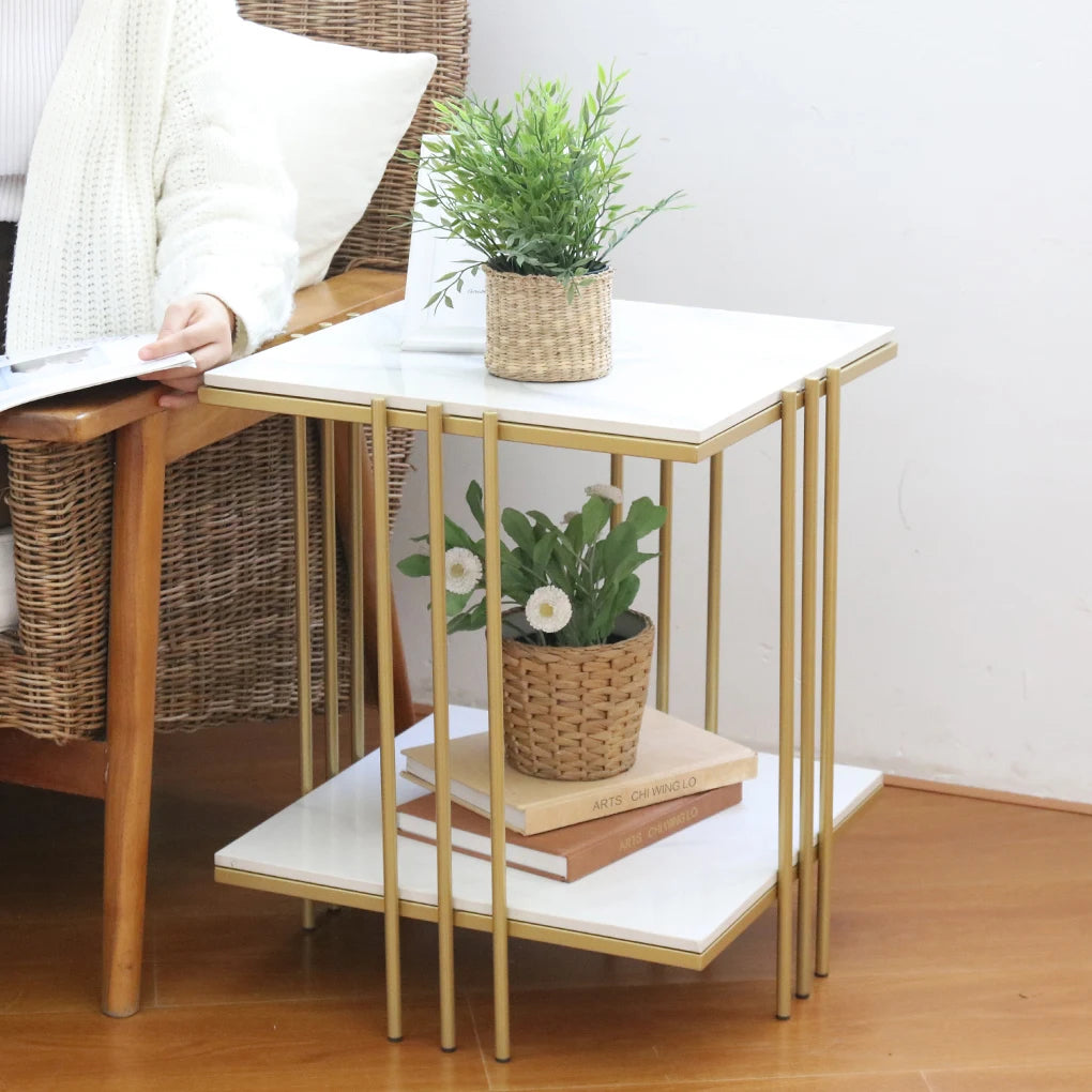Two Tier End Table With Sintered Stone Top Gold Frame