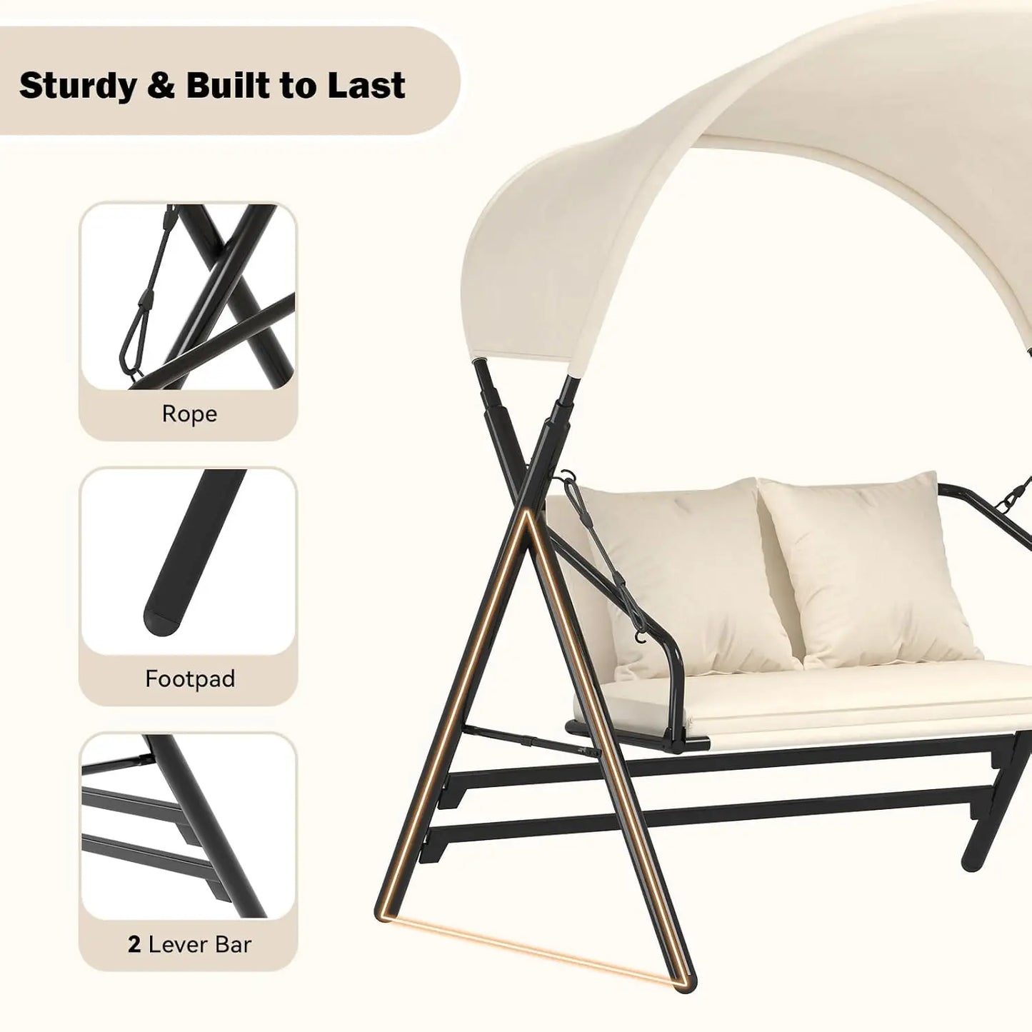 General Outdoor Porch Swing With Canopy 600LBS Capacity 2 Seats
