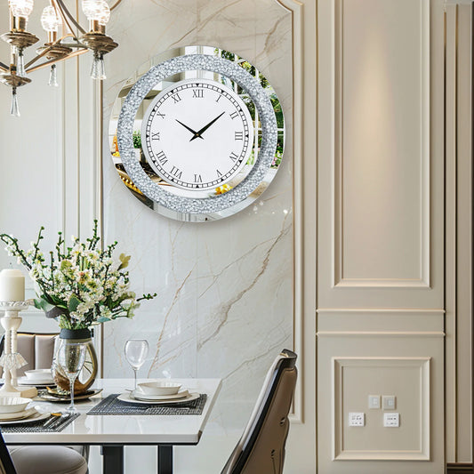 Round Mirror Wall Clock Living Room With Crystal Sparkle Dial