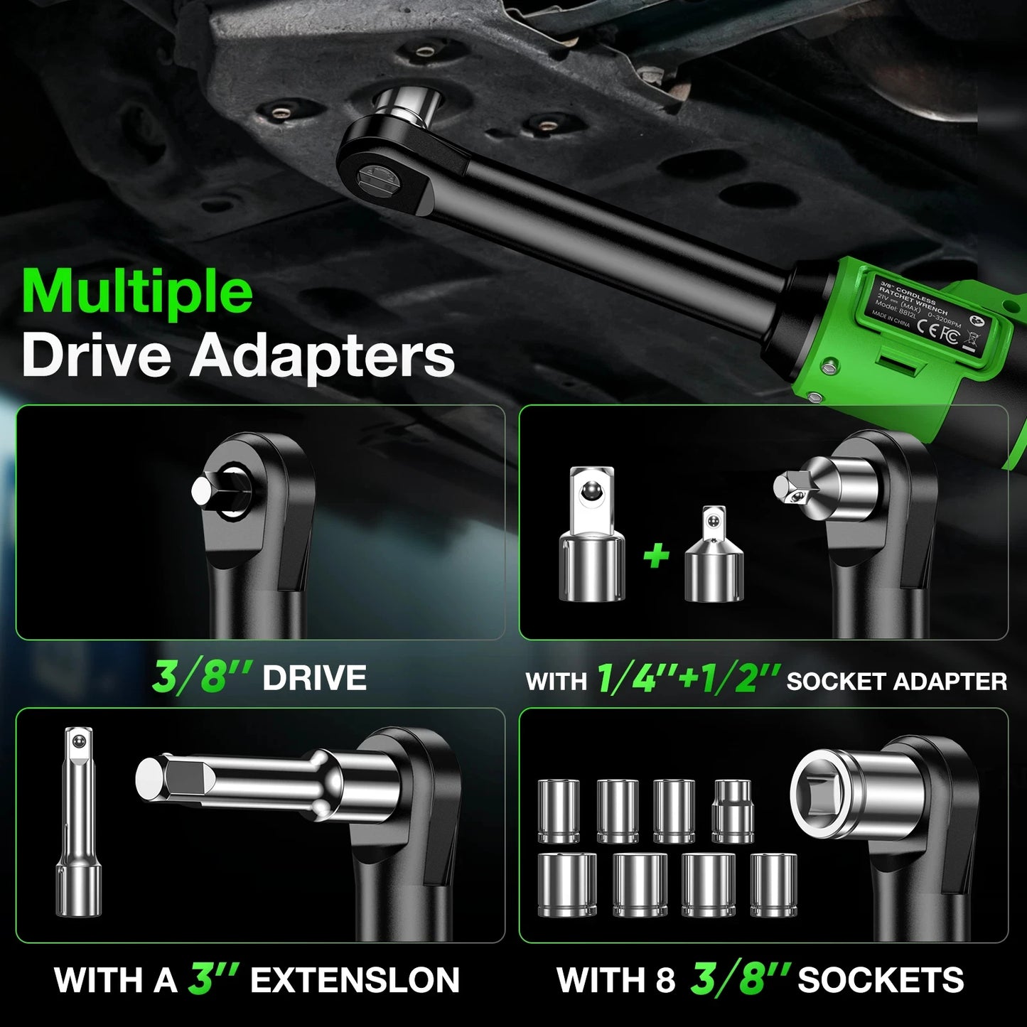 Extended Cordless Ratchet Wrench With Three Eighth Inch Driver For Cars