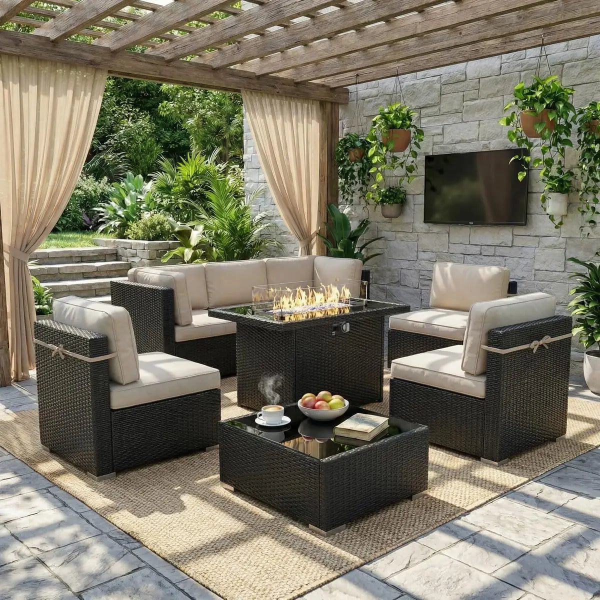 8 Piece Patio Furniture Set With Fire Pit Wicker Rattan