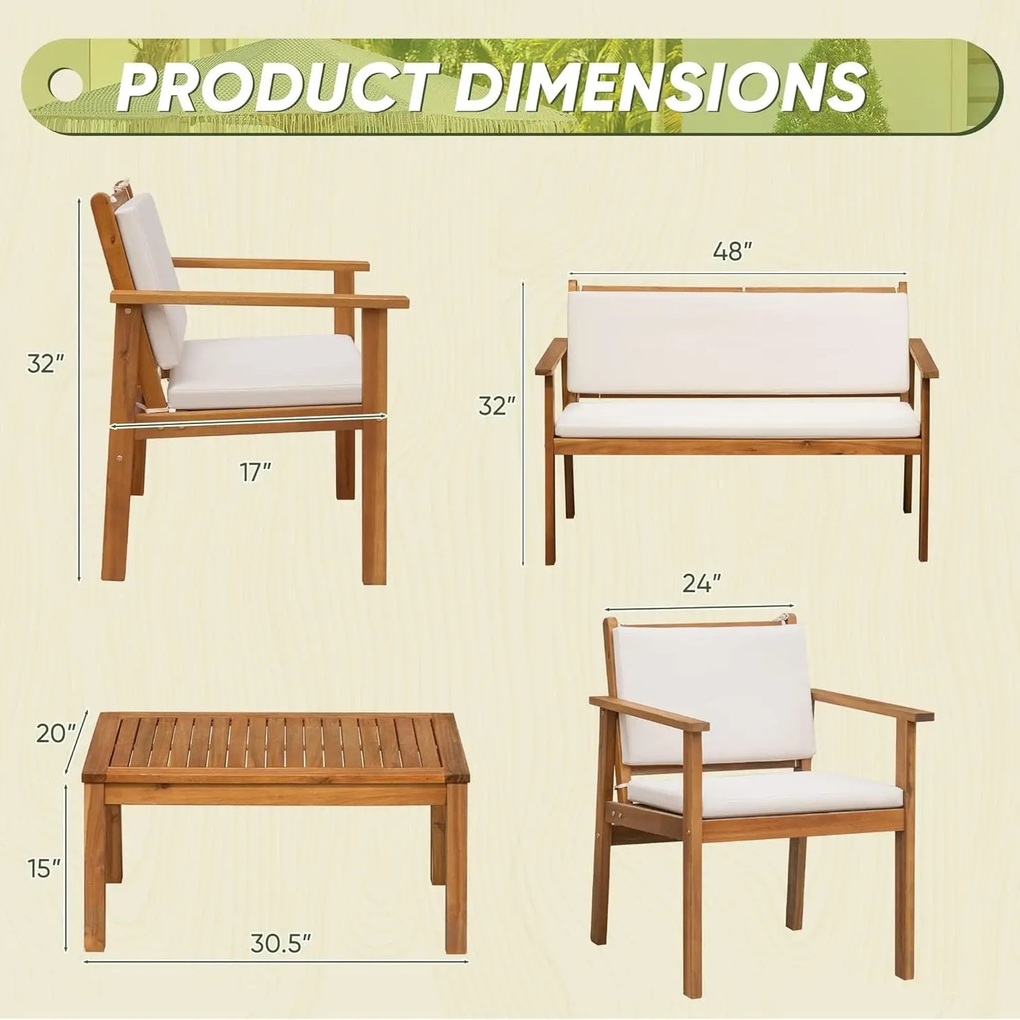 Acacia Wood Patio Set With Coffee Table And Cushions