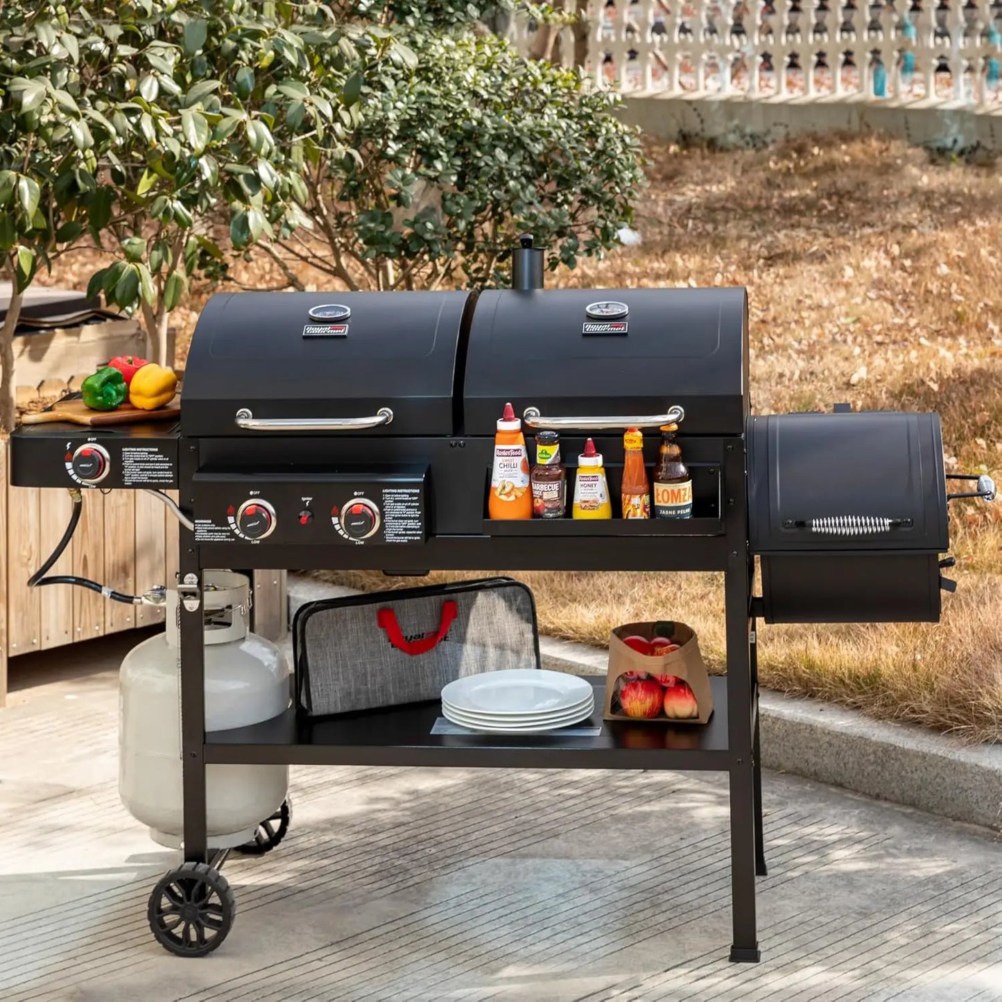 Dual-Fuel Gas Charcoal Grill With Offset Smoker And Side Burner