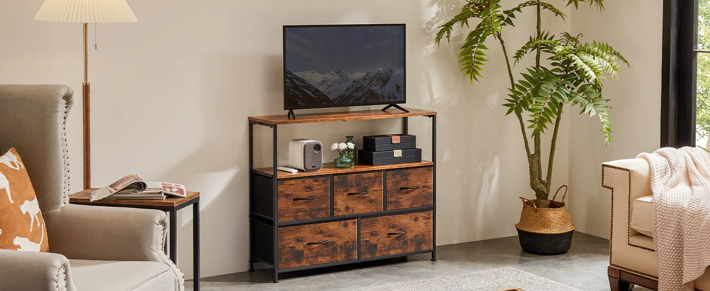 JHK Fireplace TV Stand Dresser With Fabric Drawers