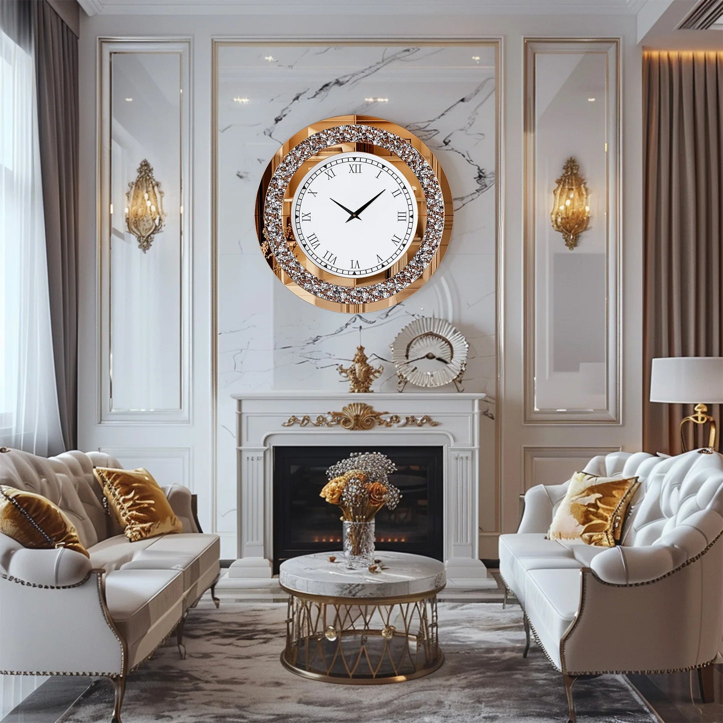 Round Mirror Wall Clock With Crystal Sparkle Accents For Living Room
