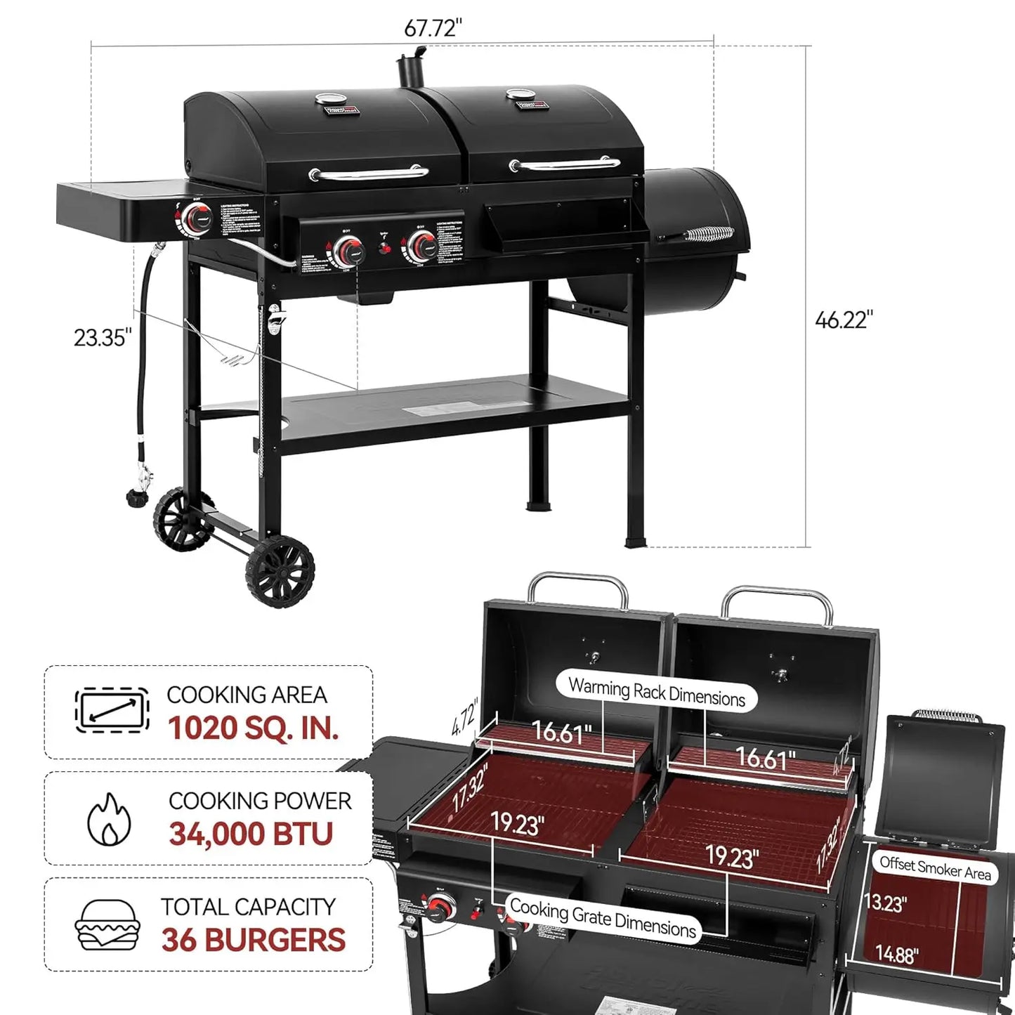 Dual-Fuel Gas Charcoal Grill With Offset Smoker And Side Burner