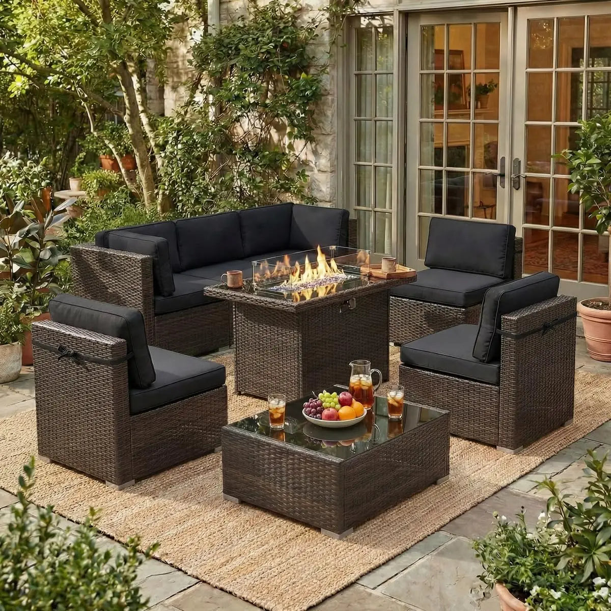 8 Piece Patio Furniture Set With Fire Pit Wicker Rattan