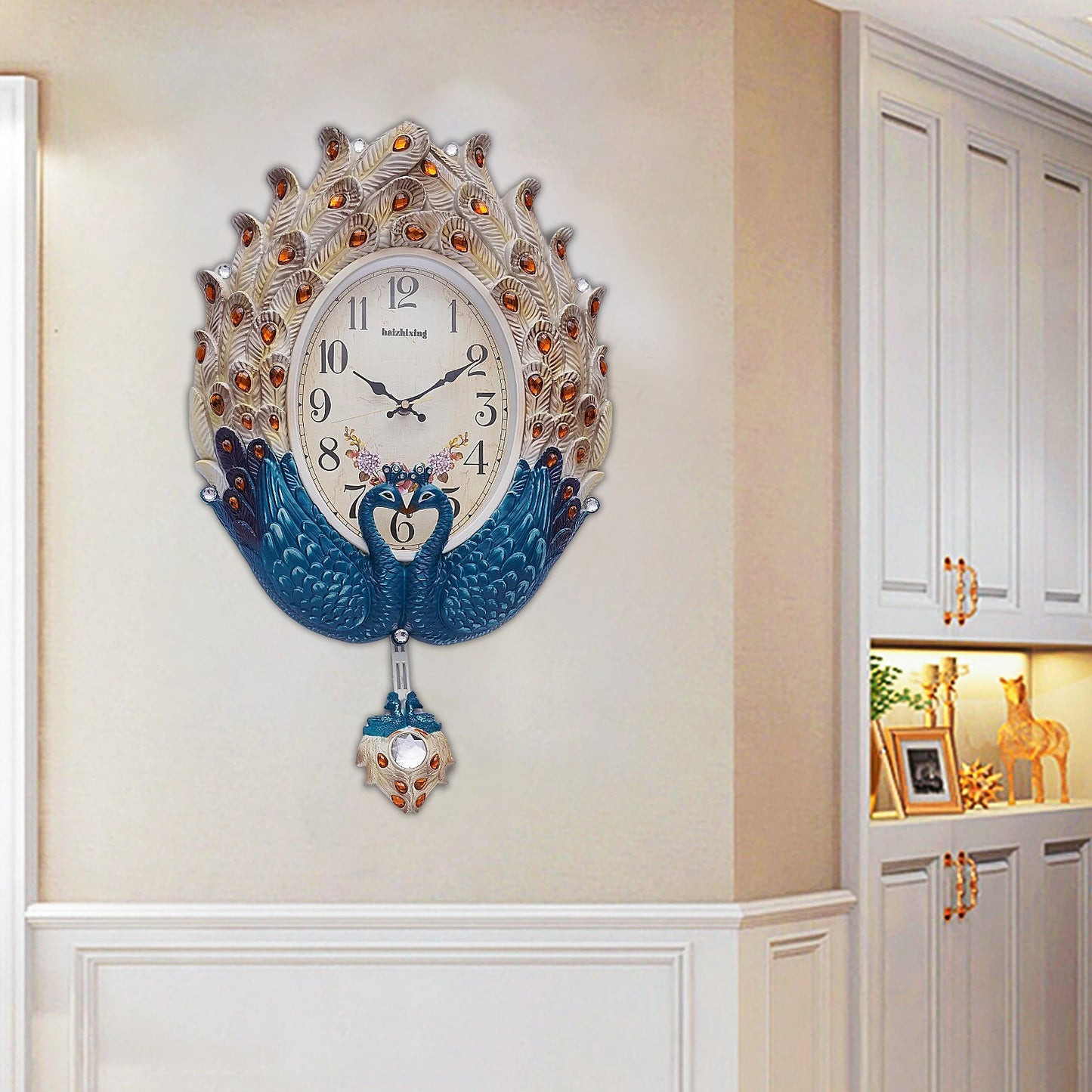 Peacock Wall Clock Silent Metal Pendulum For Living Room