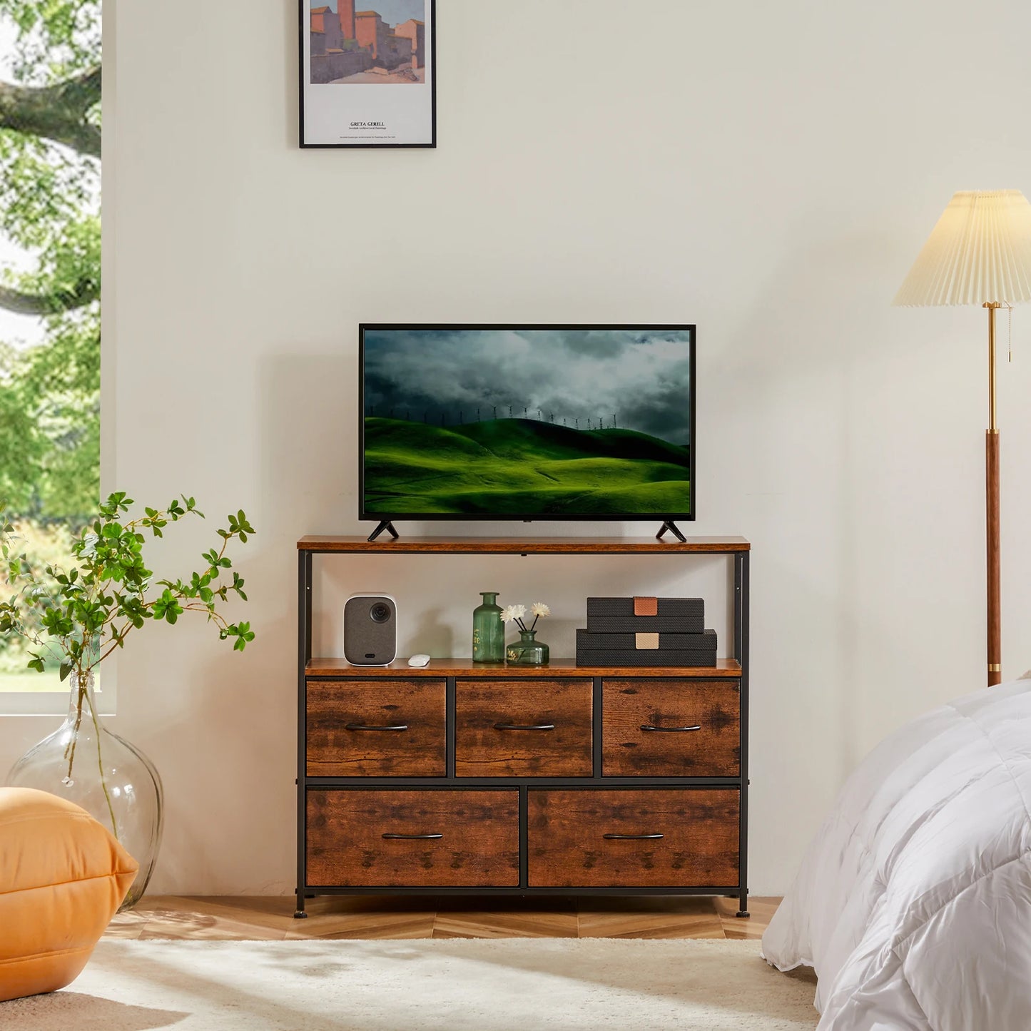 JHK Fireplace TV Stand Dresser With Fabric Drawers