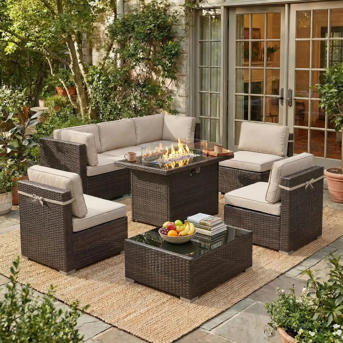 8 Piece Patio Furniture Set With Fire Pit Wicker Rattan