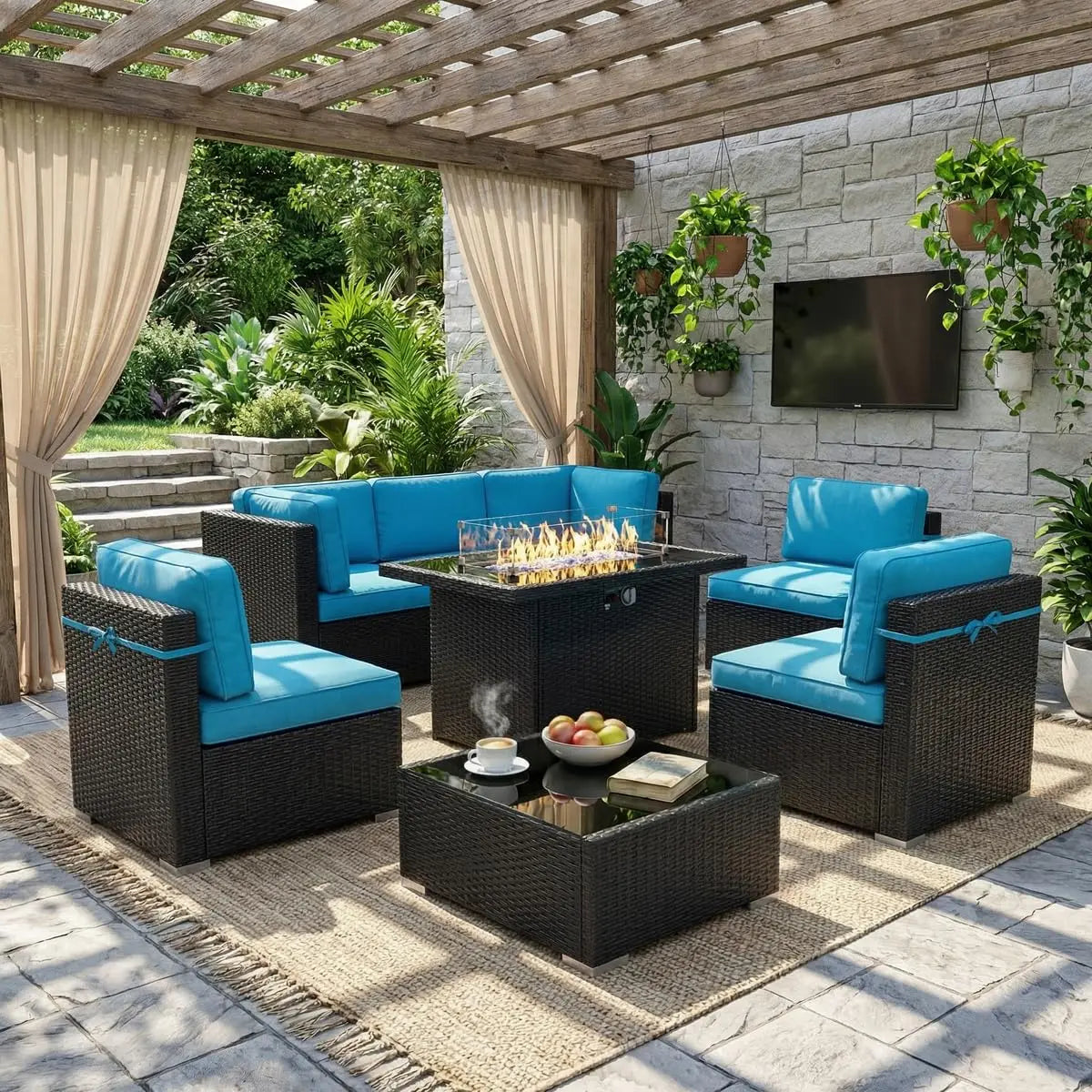 8 Piece Patio Furniture Set With Fire Pit Wicker Rattan