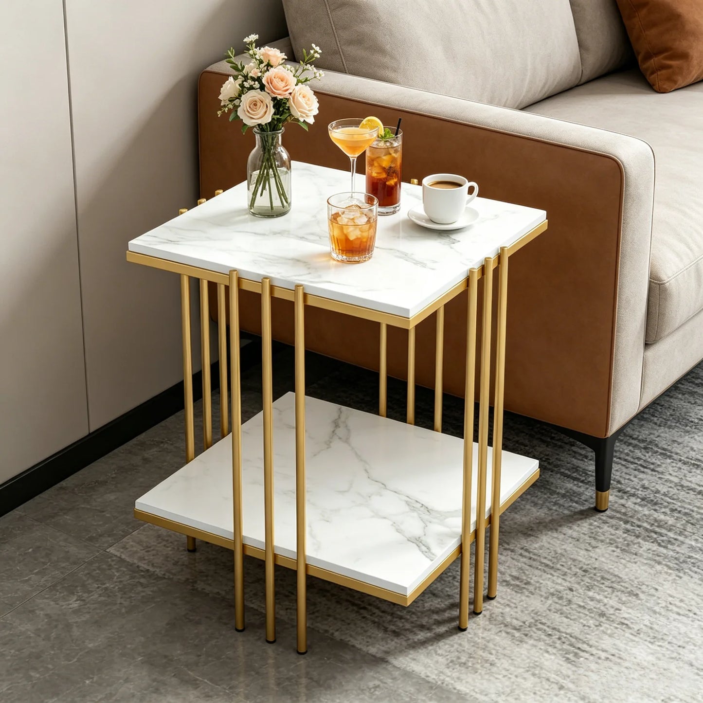 Two Tier End Table With Sintered Stone Top Gold Frame