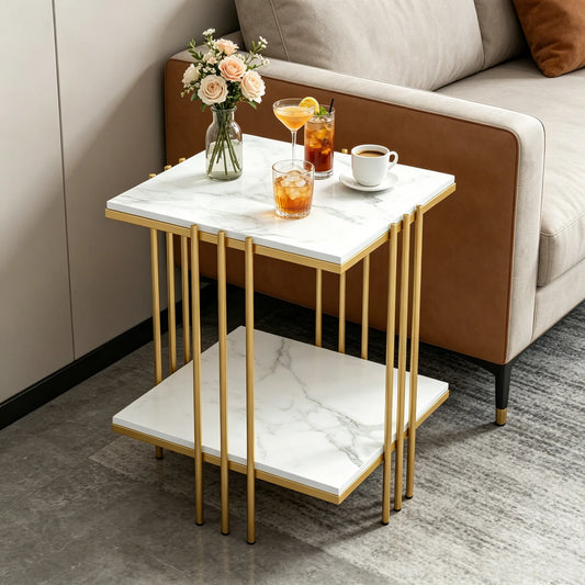 Two Tier End Table With Sintered Stone Top Gold Frame