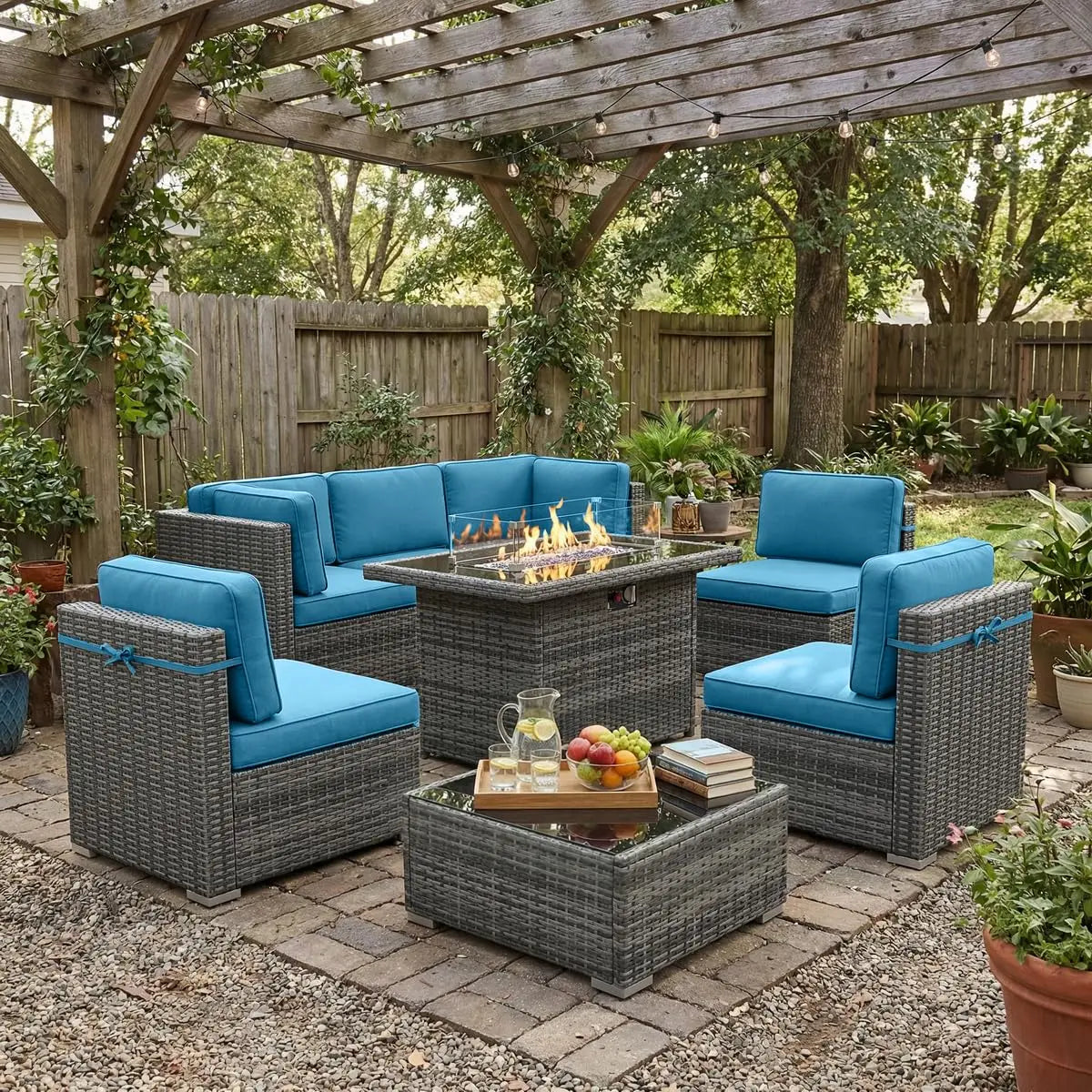 8 Piece Patio Furniture Set With Fire Pit Wicker Rattan