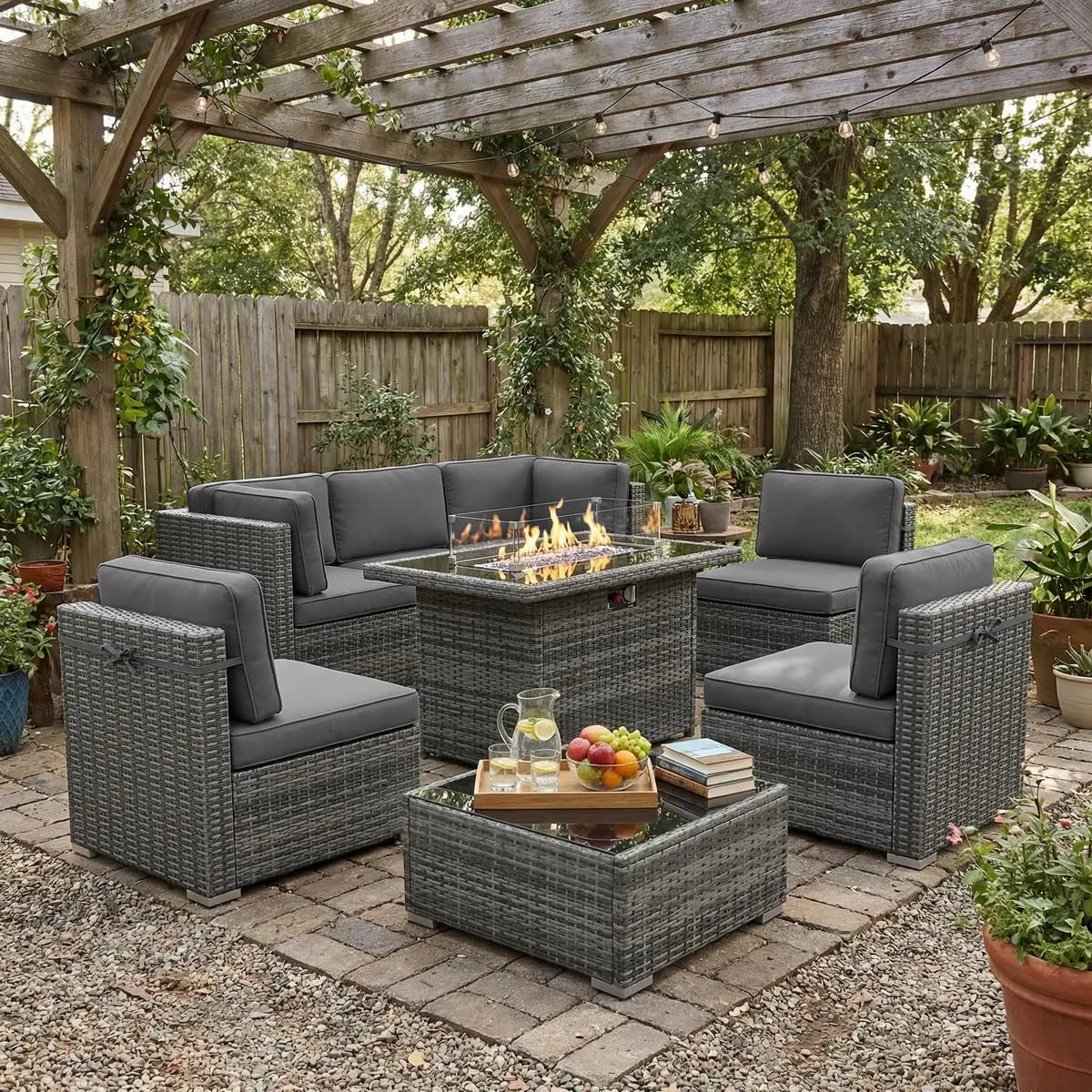 8 Piece Patio Furniture Set With Fire Pit Wicker Rattan