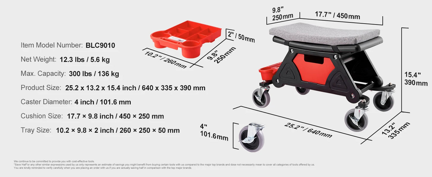 SucceBuy Rolling Mechanic Seat With Wheels 300 LBS Capacity