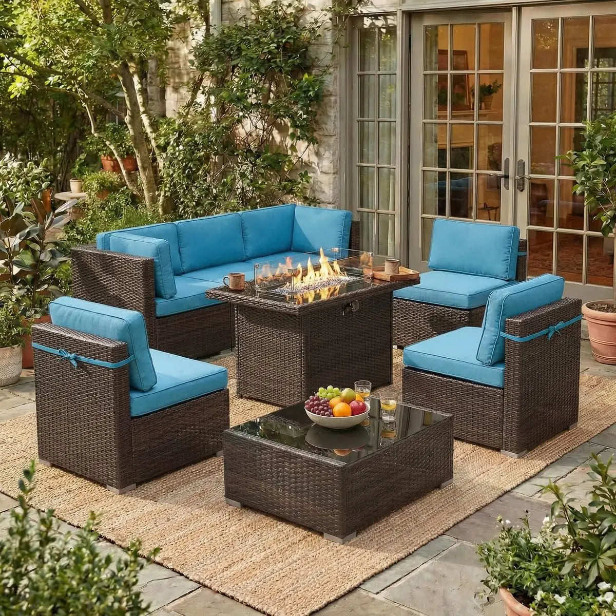 8 Piece Patio Furniture Set With Fire Pit Wicker Rattan