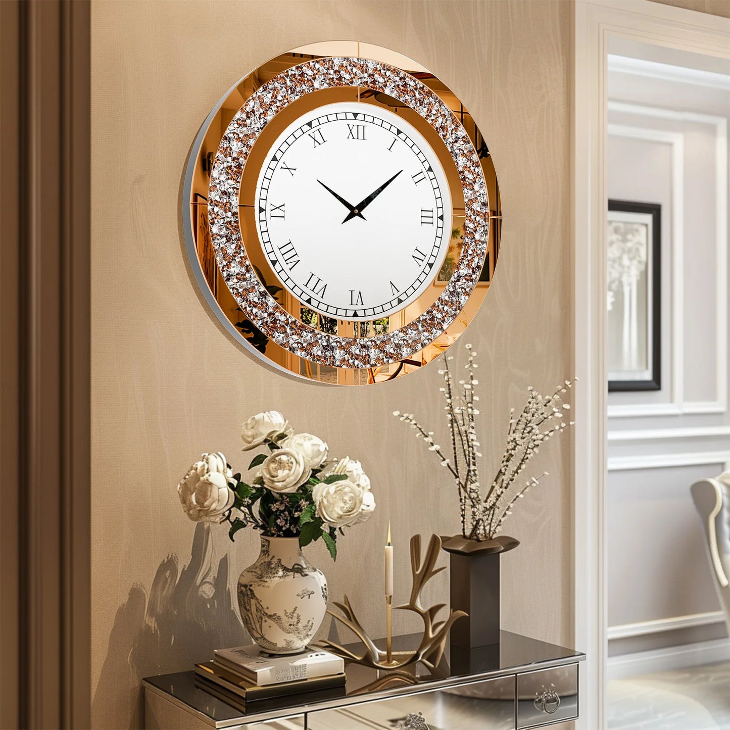 Round Mirror Wall Clock Living Room With Crystal Sparkle Dial