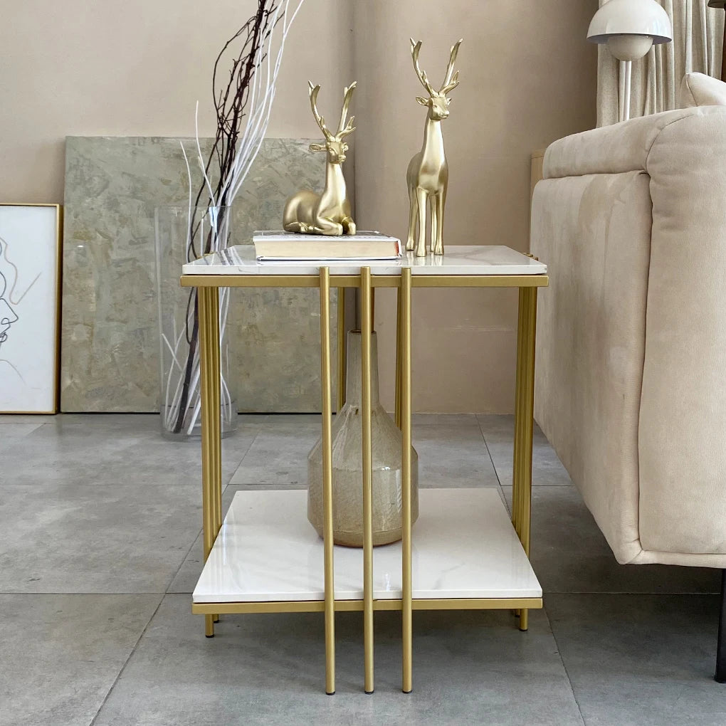 Two Tier End Table With Sintered Stone Top Gold Frame