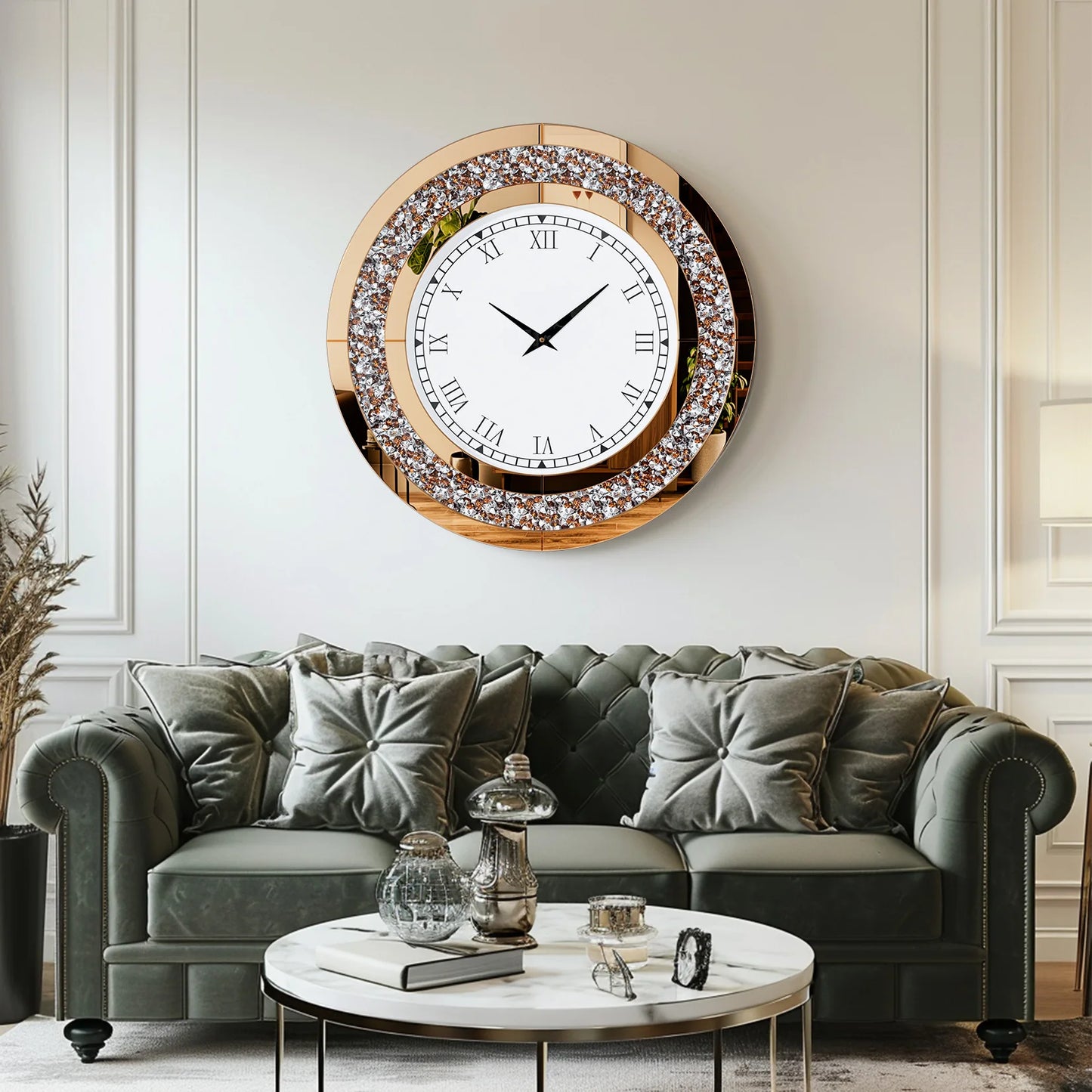 Round Mirror Wall Clock With Crystal Accent For Living Room