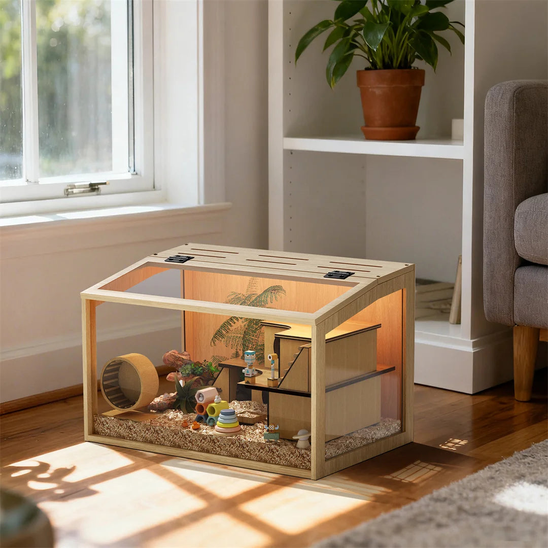 Natural Wood Hamster Cage With Glass Panels And LED Light