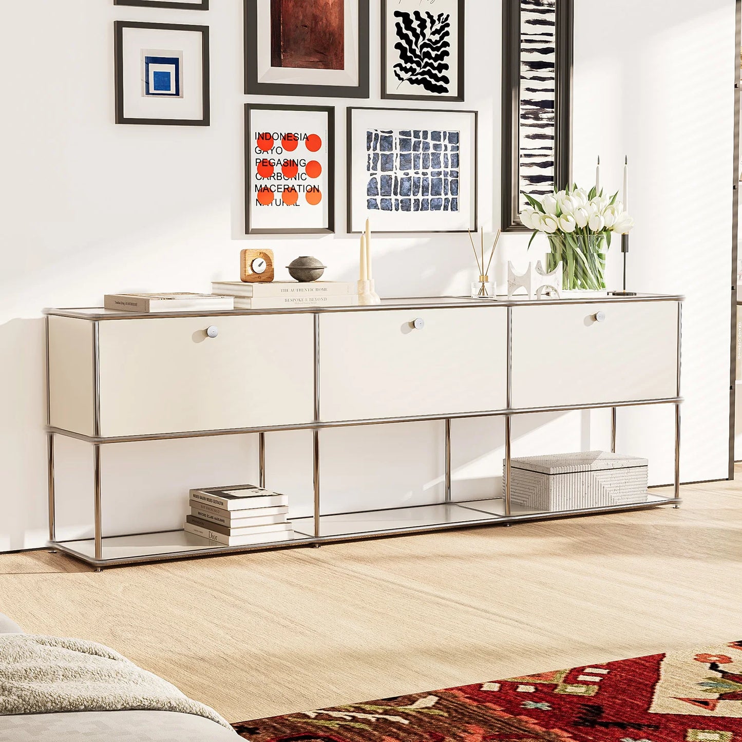 Stainless Steel Storage Cabinet Sideboard With Metal Shelves Living Room