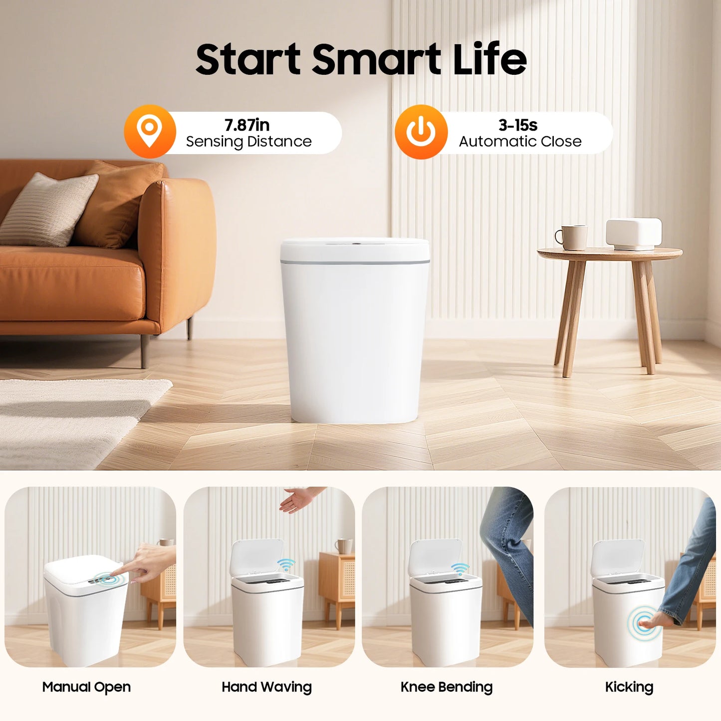 Bymaocar Sensor Trash Can Touchless PP Waterproof IPX5 Waste Bin
