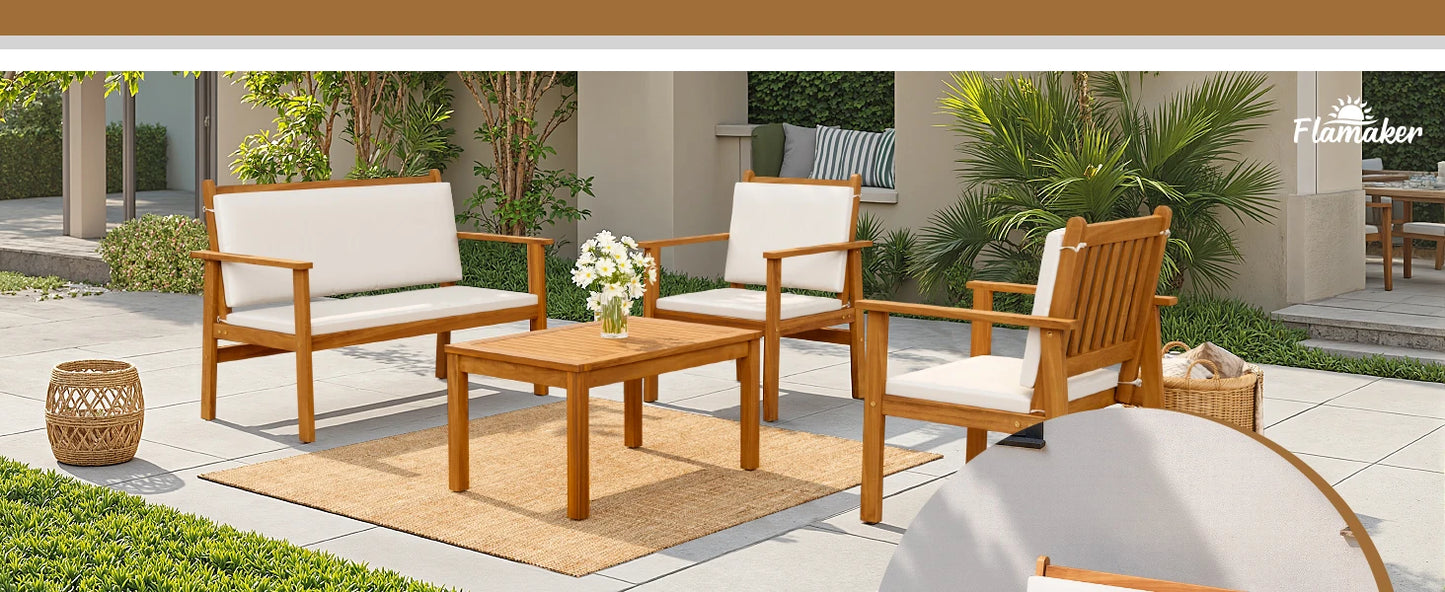 Flamaker 3 Piece Acacia Wood Patio Set With Cushions